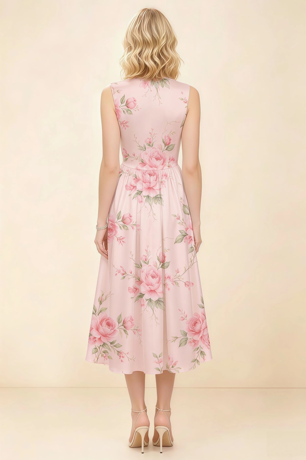Anabelle Pink Floral Sleeveless Square Neck Midi Dress