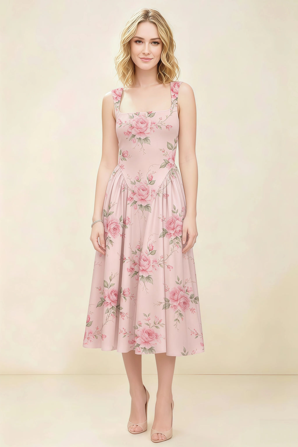 Anabelle Pink Floral Sleeveless Square Neck Midi Dress