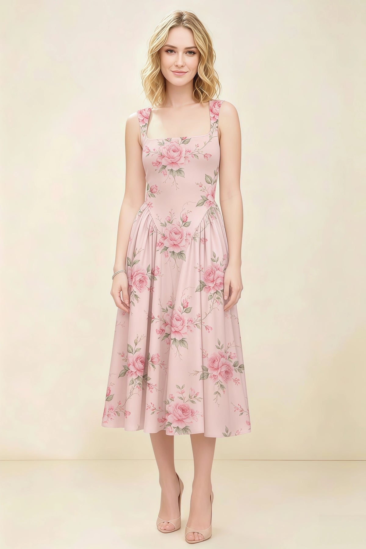 Anabelle Pink Floral Sleeveless Square Neck Midi Dress