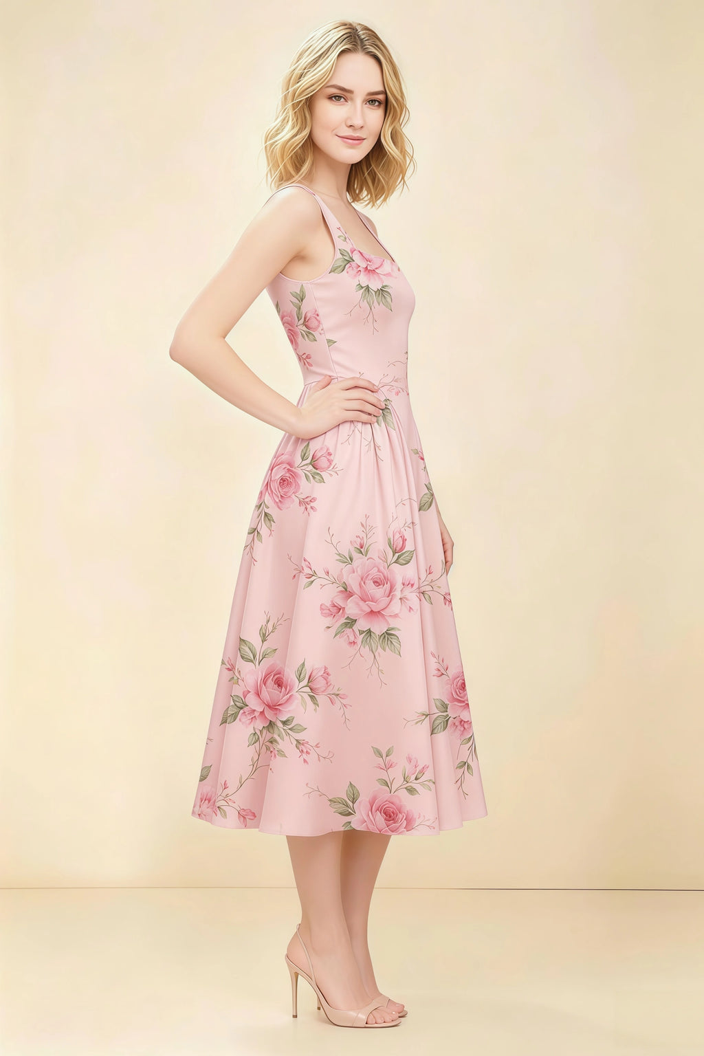 Anabelle Pink Floral Sleeveless Square Neck Midi Dress