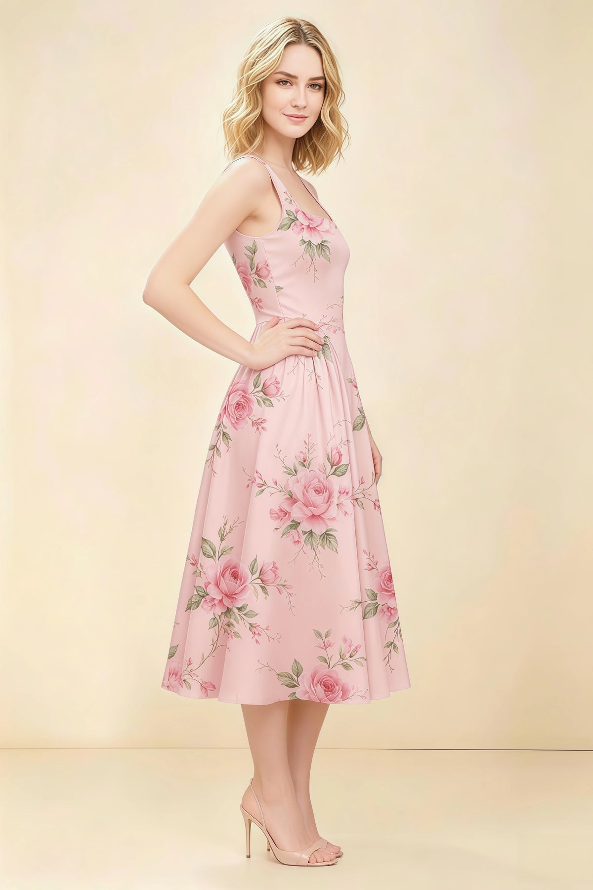 Anabelle Pink Floral Sleeveless Square Neck Midi Dress