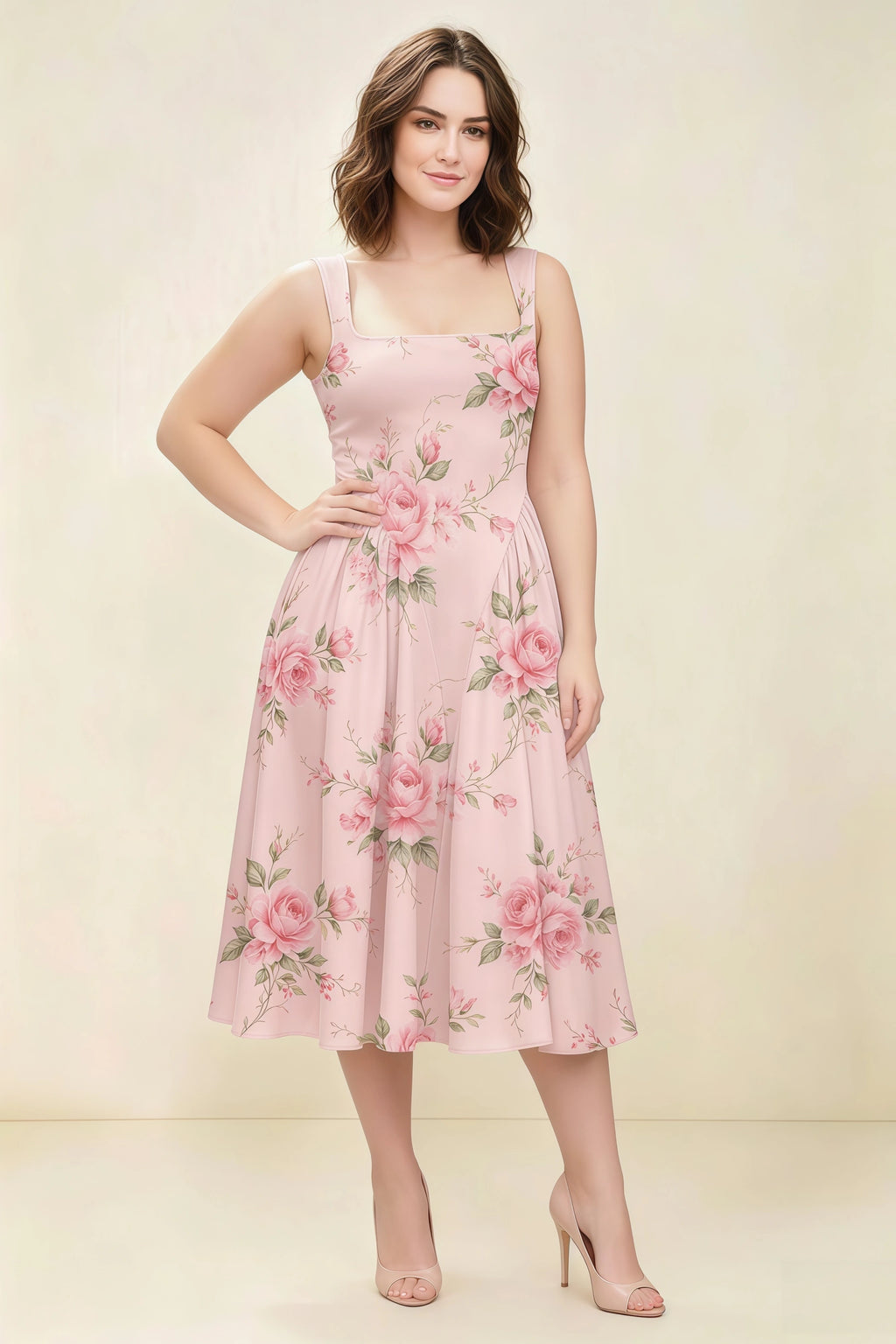 Anabelle Pink Floral Sleeveless Square Neck Midi Dress