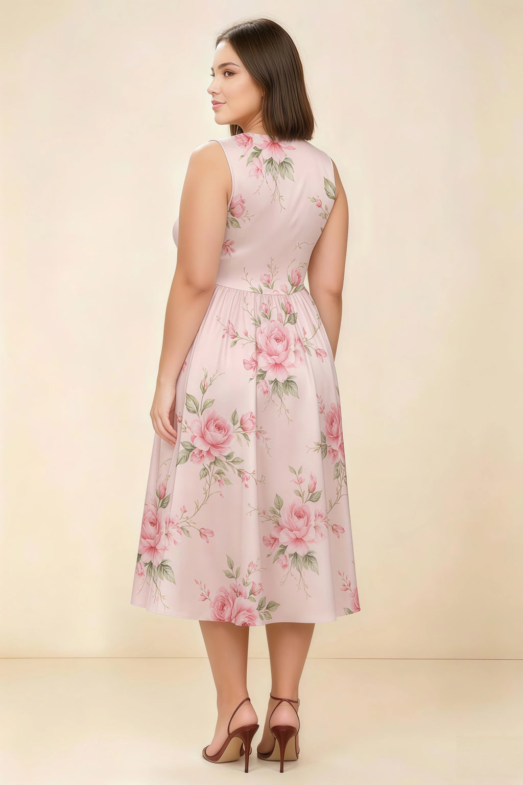 Anabelle Pink Floral Sleeveless Square Neck Midi Dress