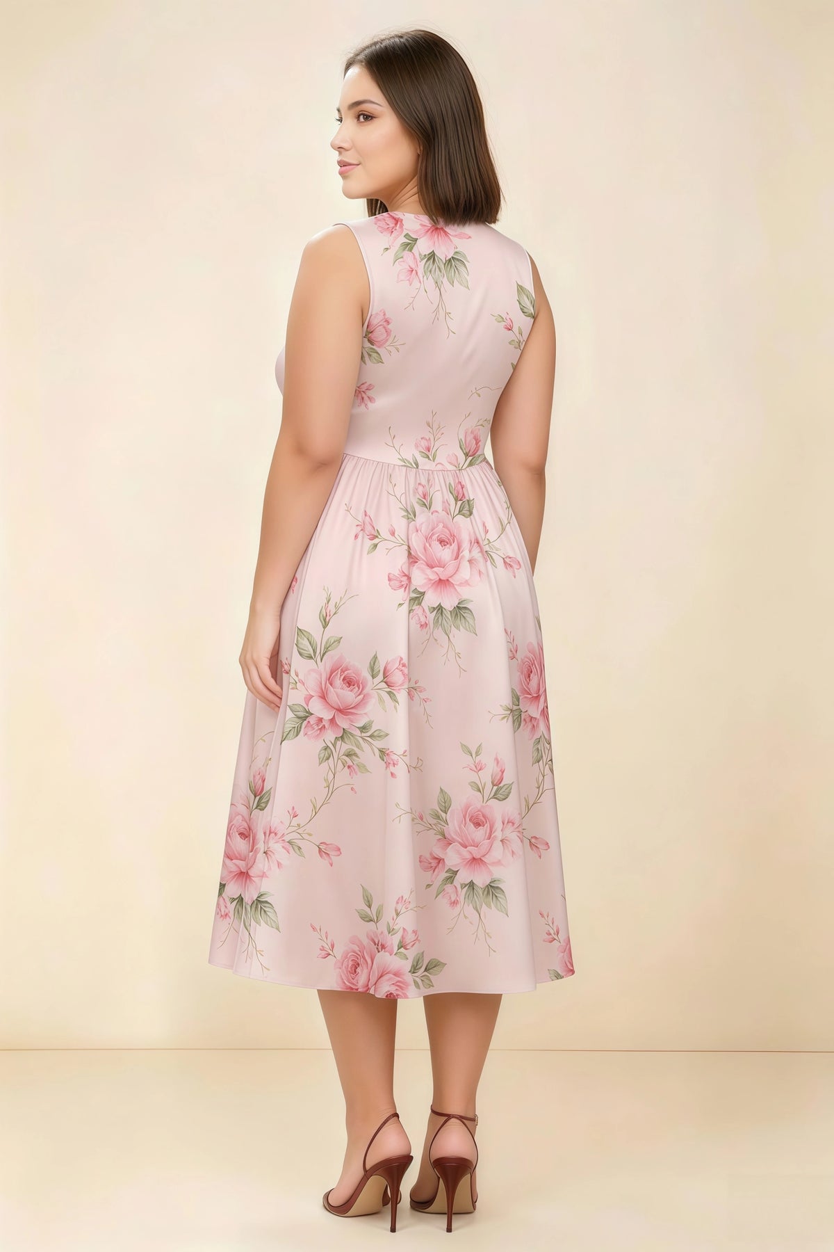 Anabelle Pink Floral Sleeveless Square Neck Midi Dress