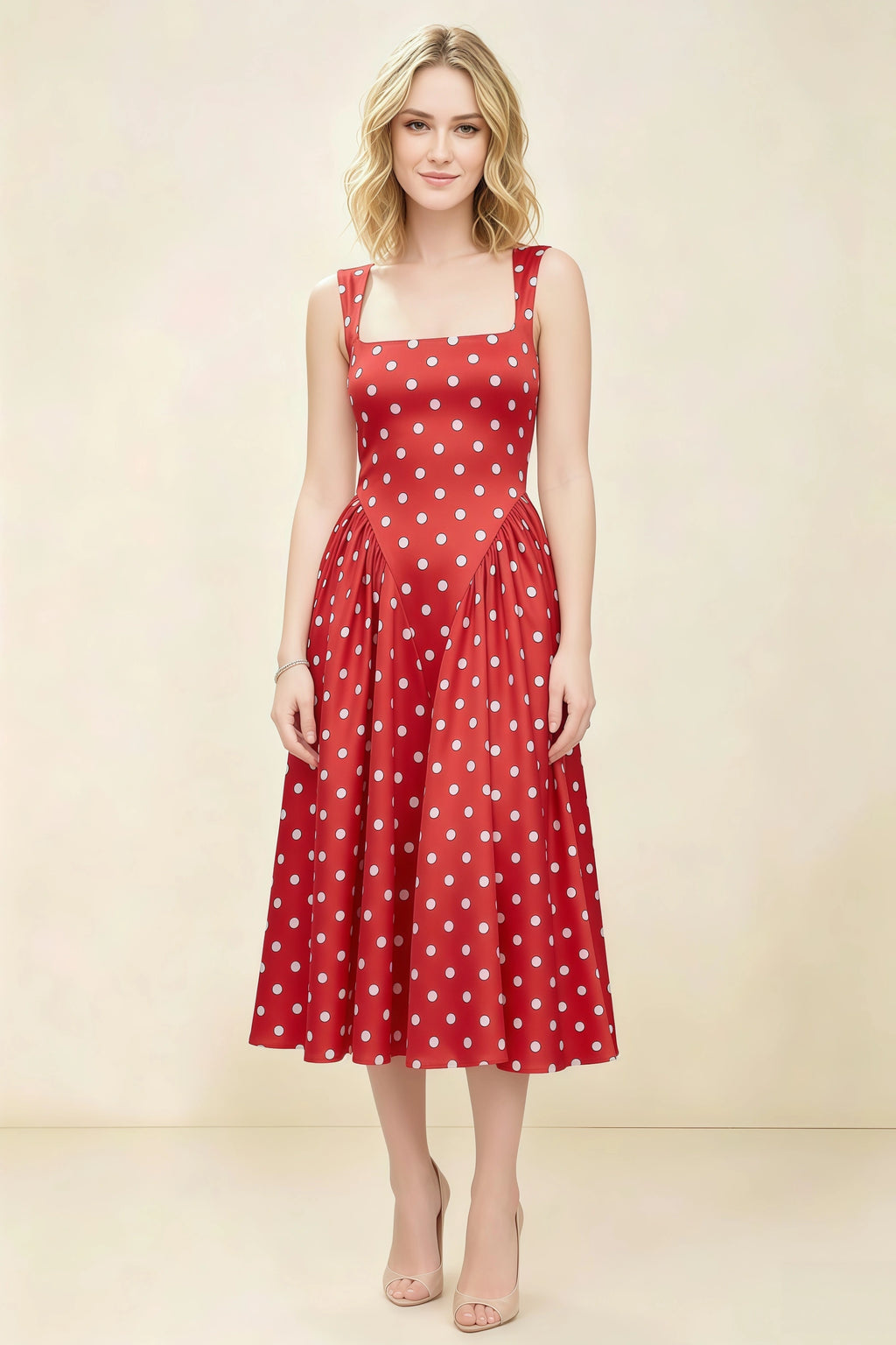 Anabelle Red Polka Dot Sleeveless Square Neck Midi Dress