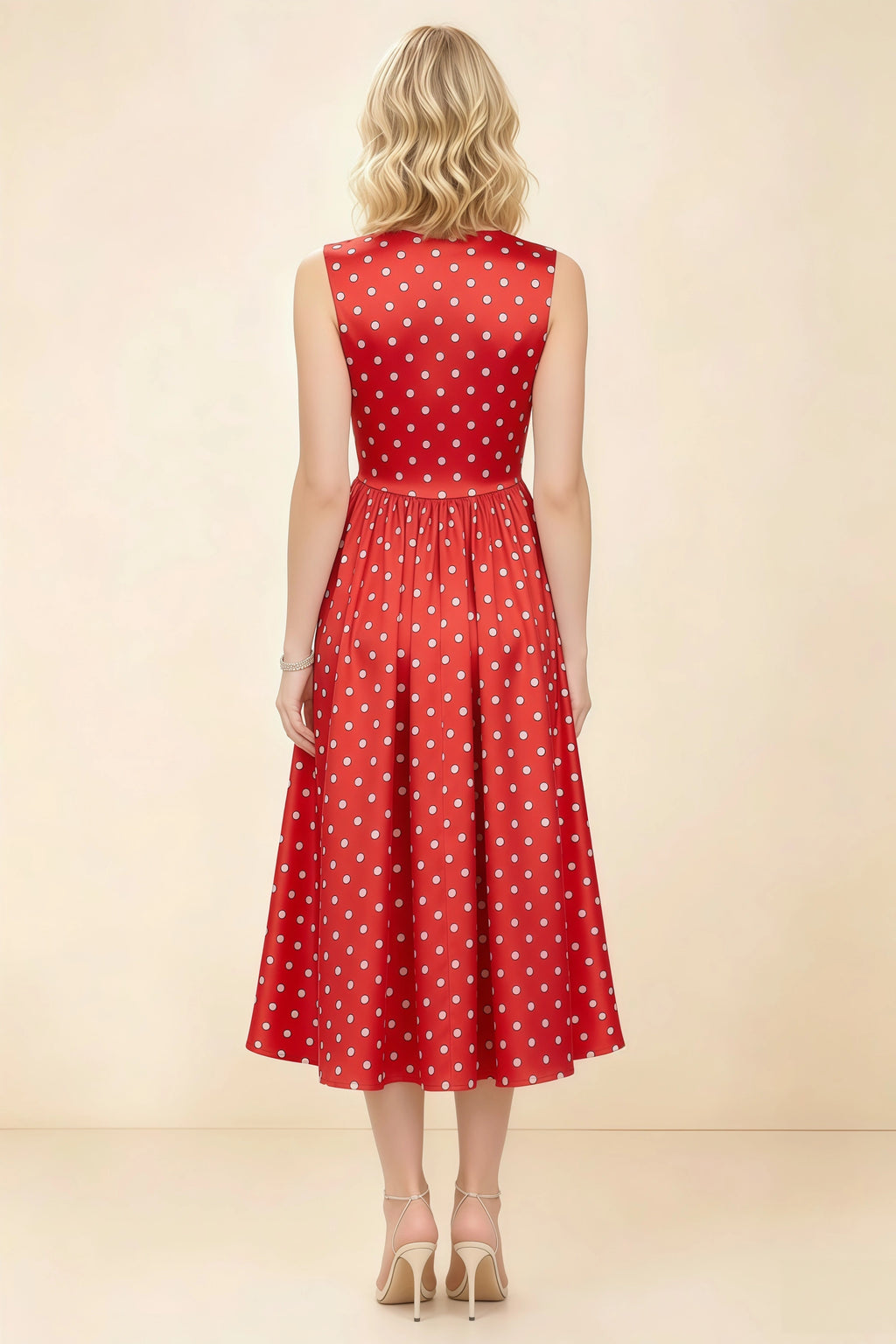 Anabelle Red Polka Dot Sleeveless Square Neck Midi Dress