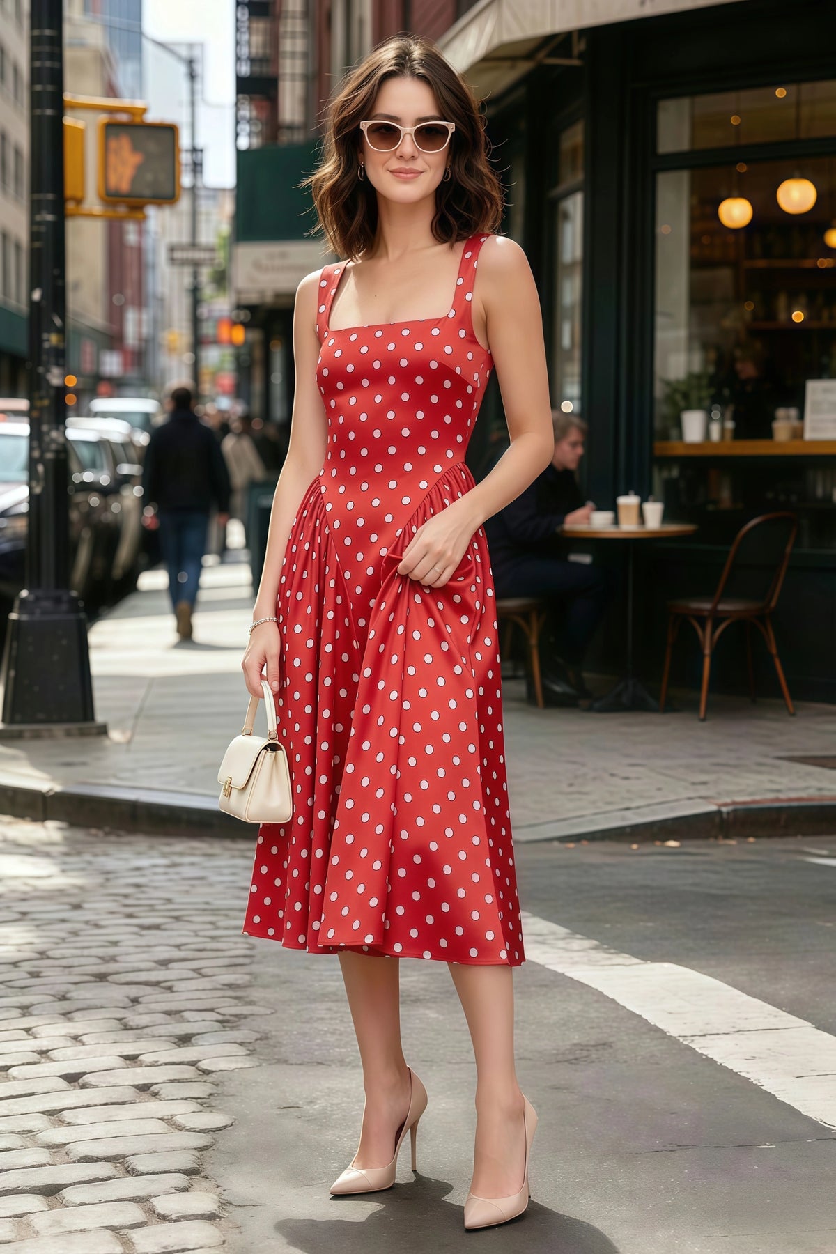 Anabelle Red Polka Dot Sleeveless Square Neck Midi Dress