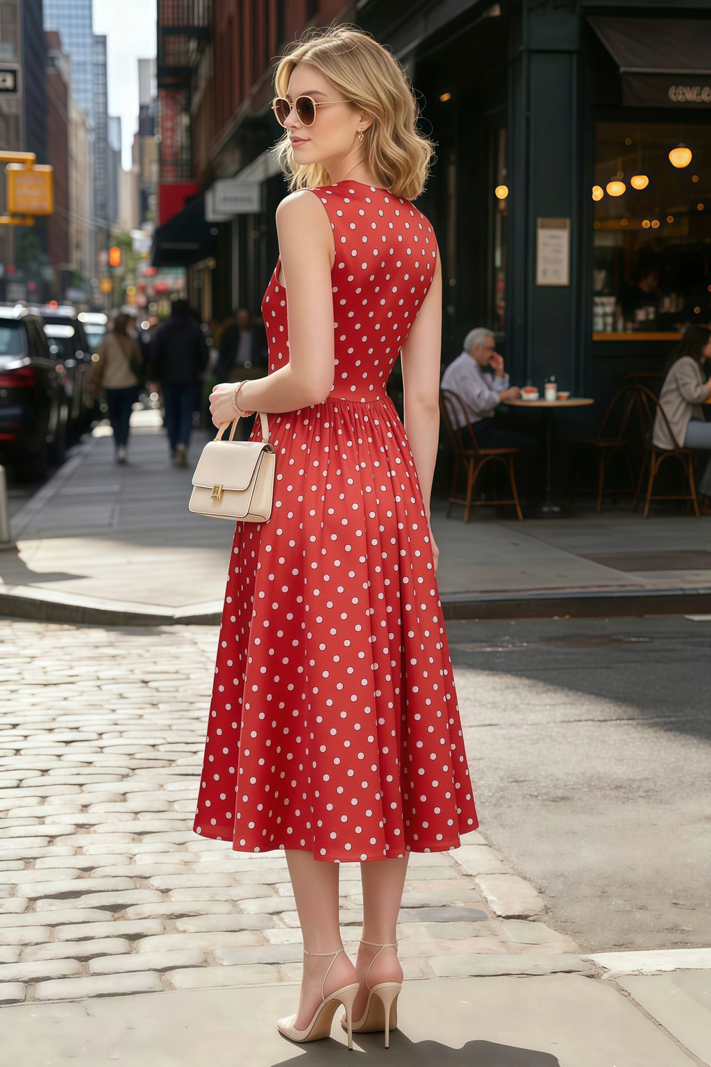 Anabelle Red Polka Dot Sleeveless Square Neck Midi Dress