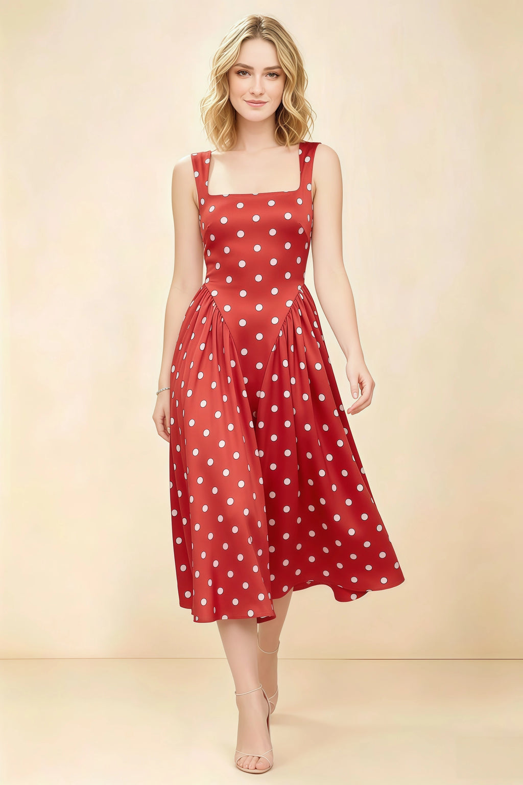 Anabelle Red Polka Dot Sleeveless Square Neck Midi Dress