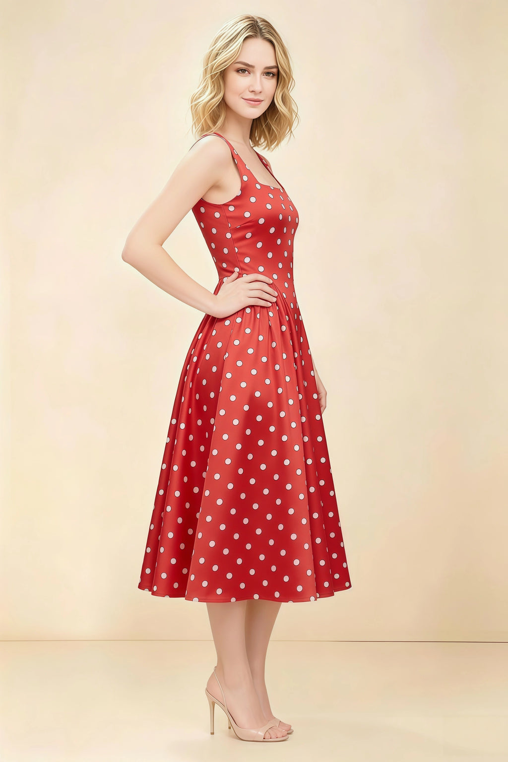 Anabelle Red Polka Dot Sleeveless Square Neck Midi Dress
