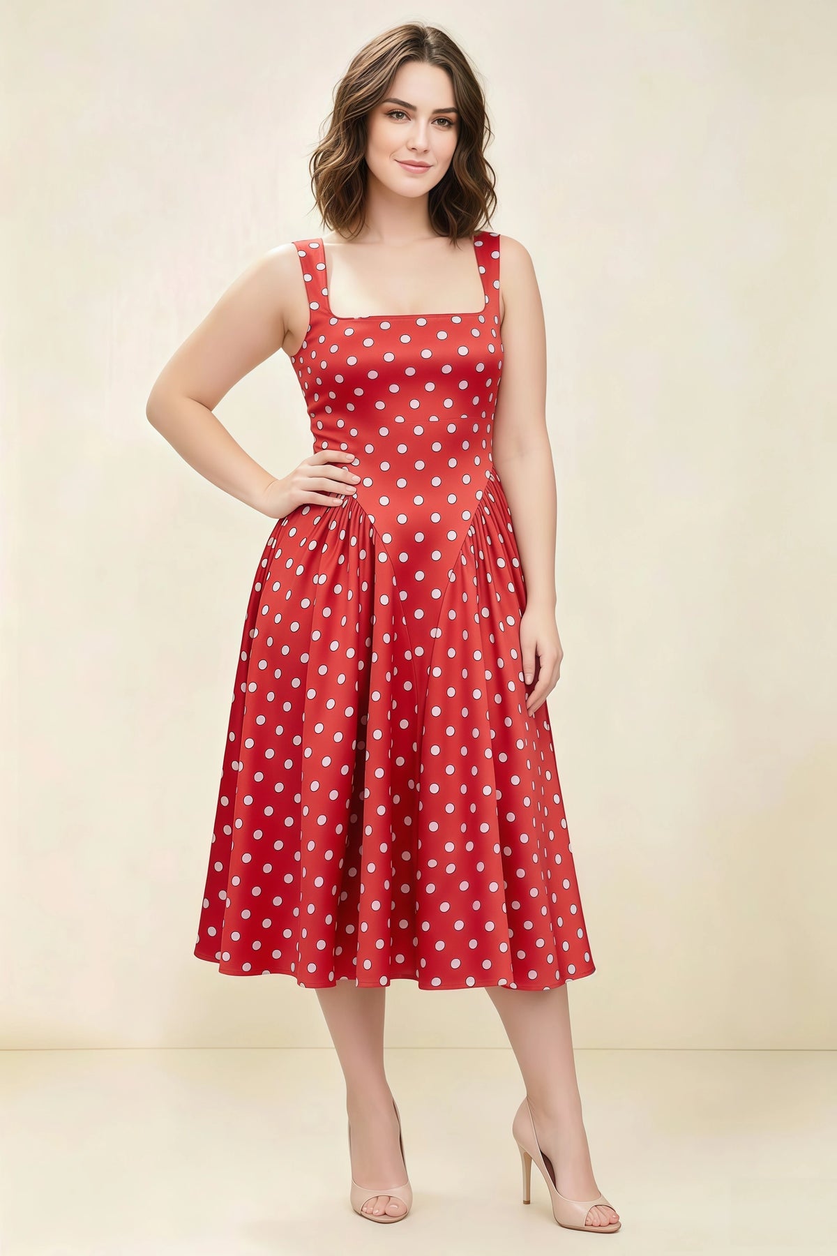 Anabelle Red Polka Dot Sleeveless Square Neck Midi Dress