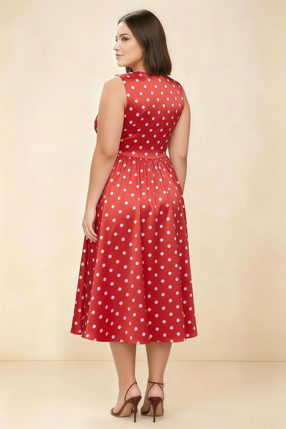 Anabelle Red Polka Dot Sleeveless Square Neck Midi Dress