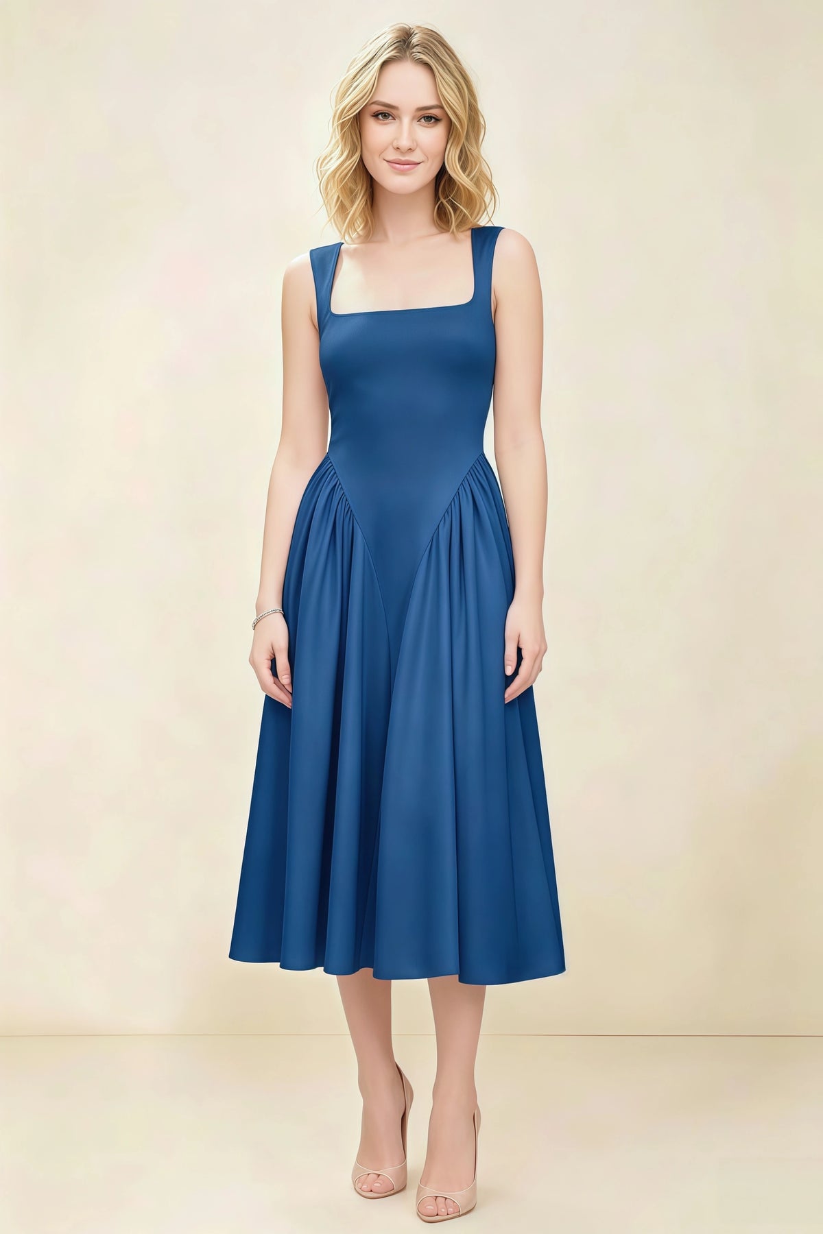 Anabelle Royal Blue Sleeveless Square Neck Midi Dress