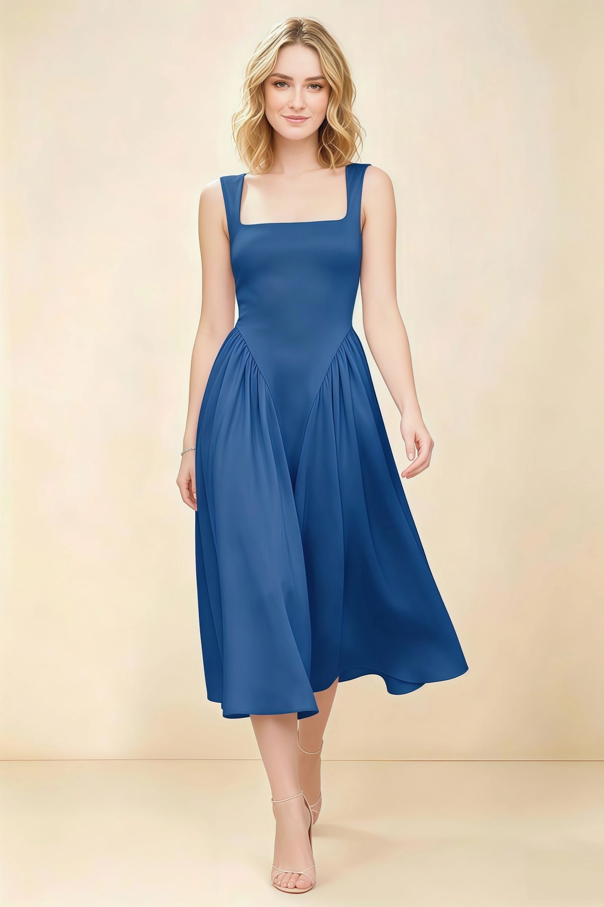 Anabelle Royal Blue Sleeveless Square Neck Midi Dress