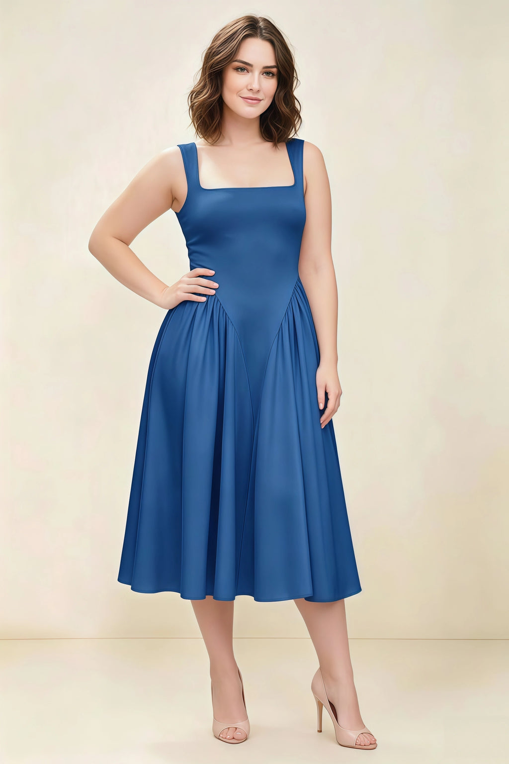 Anabelle Royal Blue Sleeveless Square Neck Midi Dress