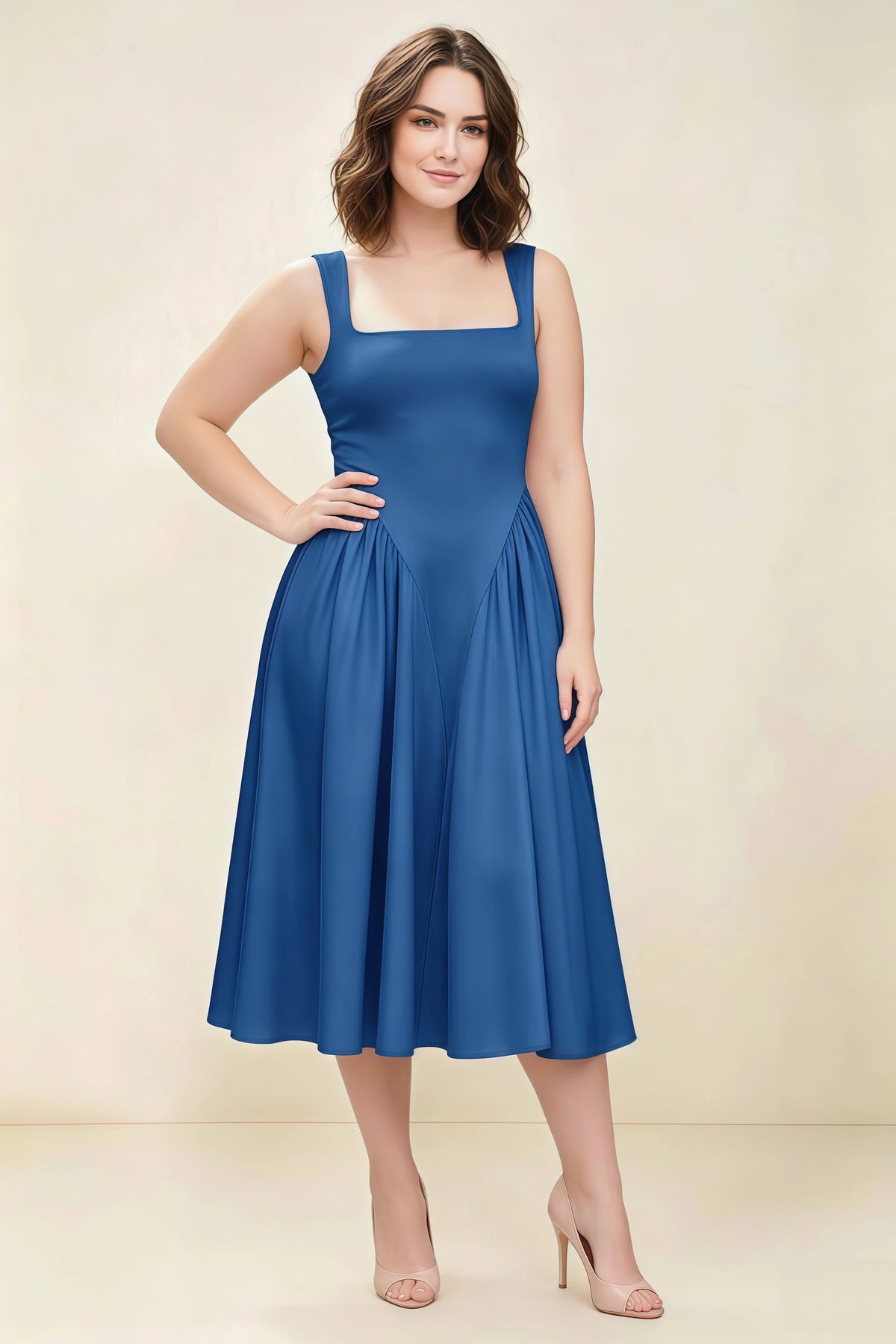 Anabelle Royal Blue Sleeveless Square Neck Midi Dress