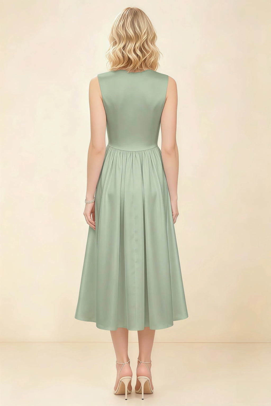 Anabelle Sage Green Sleeveless Square Neck Midi Dress