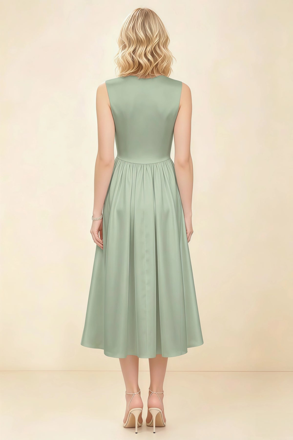 Anabelle Sage Green Sleeveless Square Neck Midi Dress