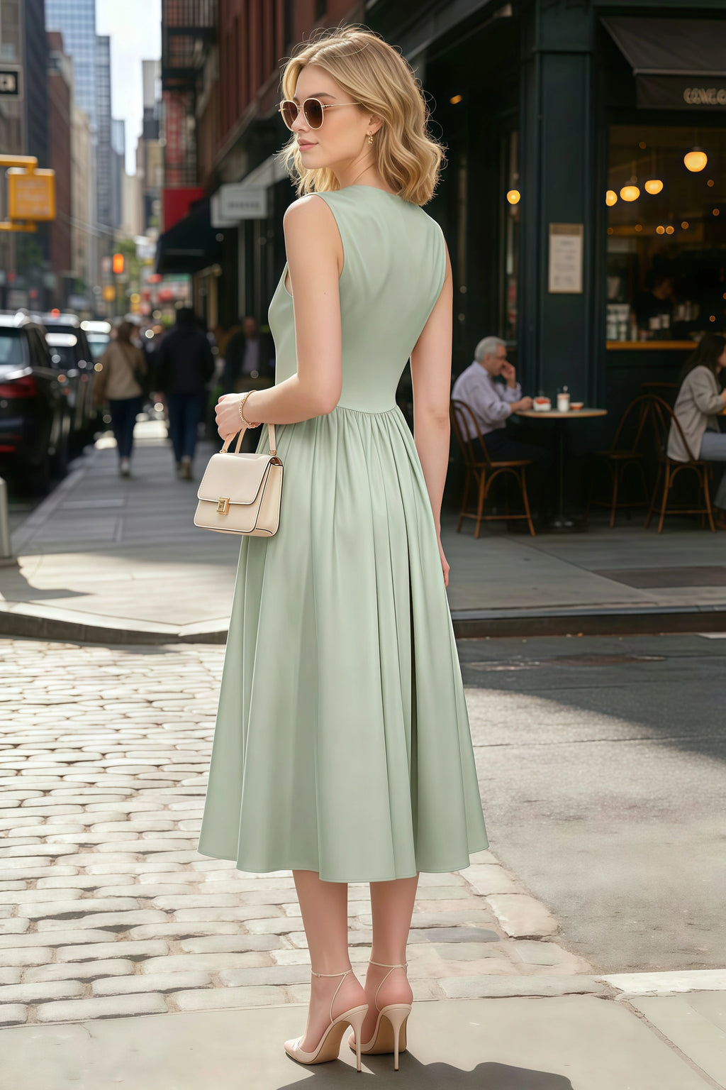 Anabelle Sage Green Sleeveless Square Neck Midi Dress