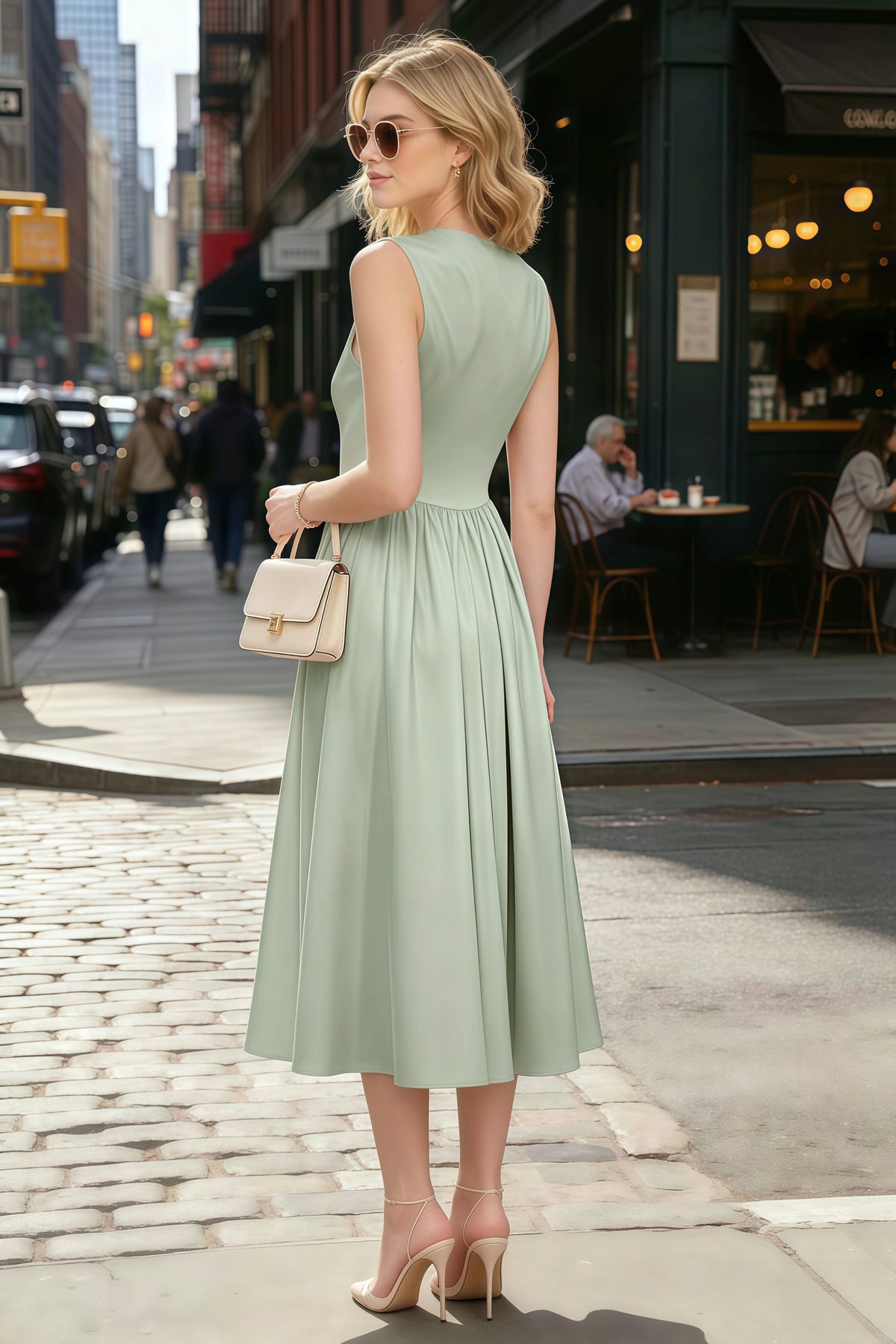 Anabelle Sage Green Sleeveless Square Neck Midi Dress