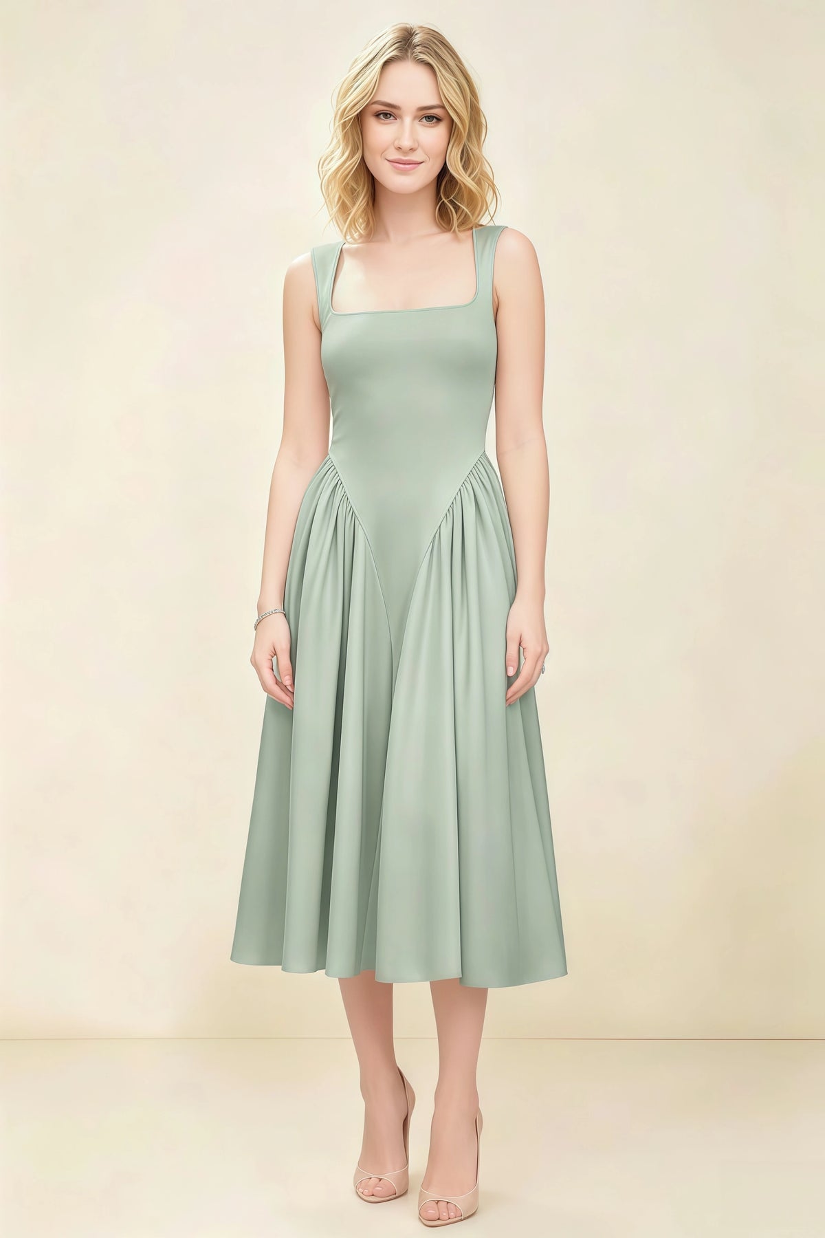 Anabelle Sage Green Sleeveless Square Neck Midi Dress