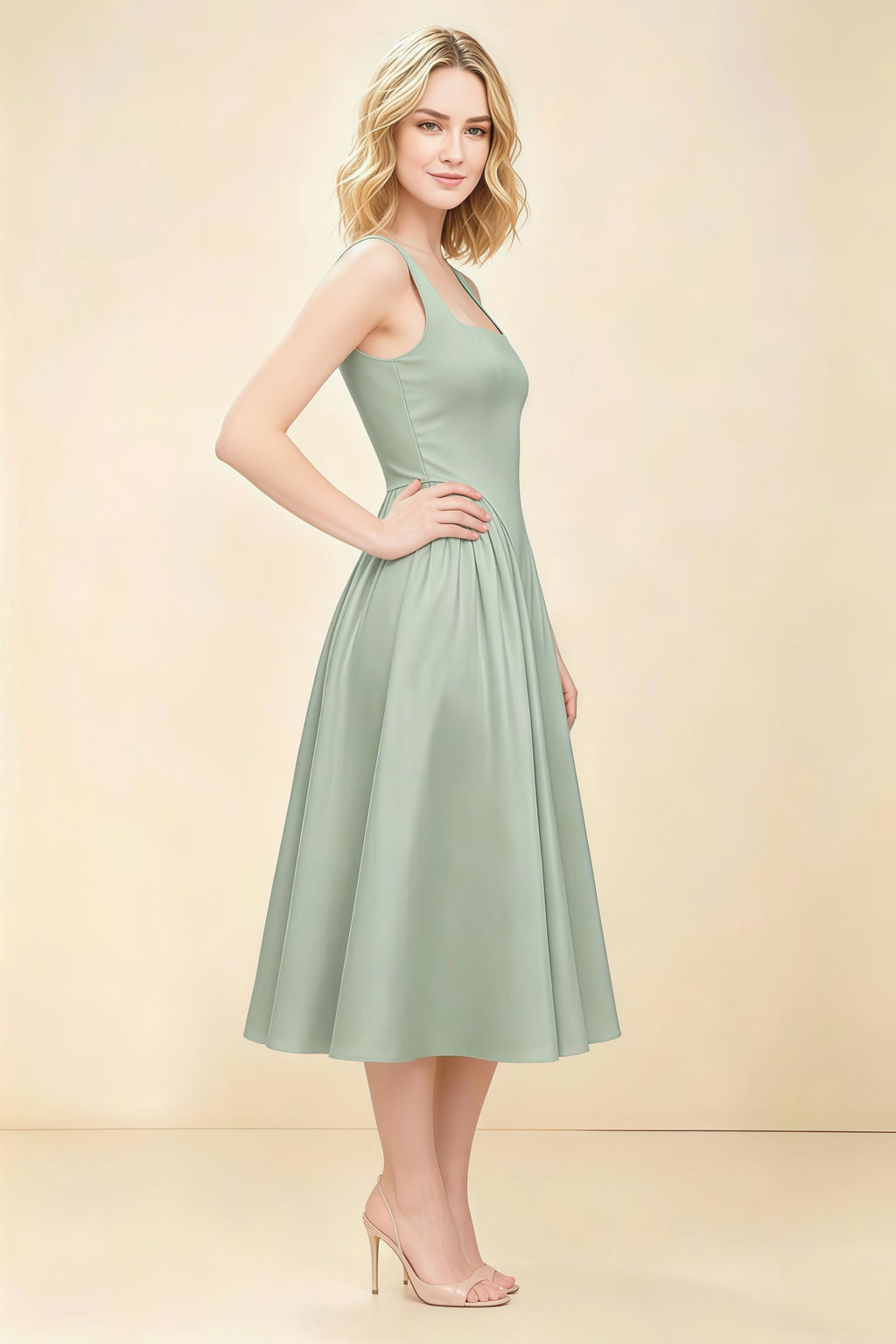 Anabelle Sage Green Sleeveless Square Neck Midi Dress