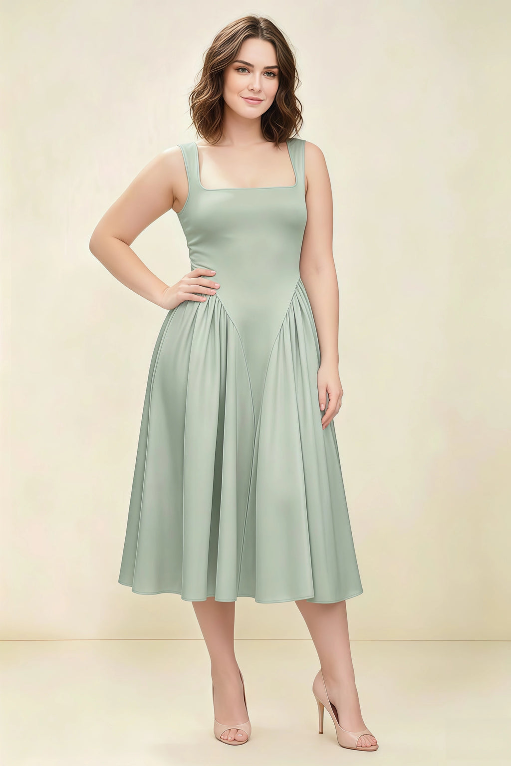 Anabelle Sage Green Sleeveless Square Neck Midi Dress
