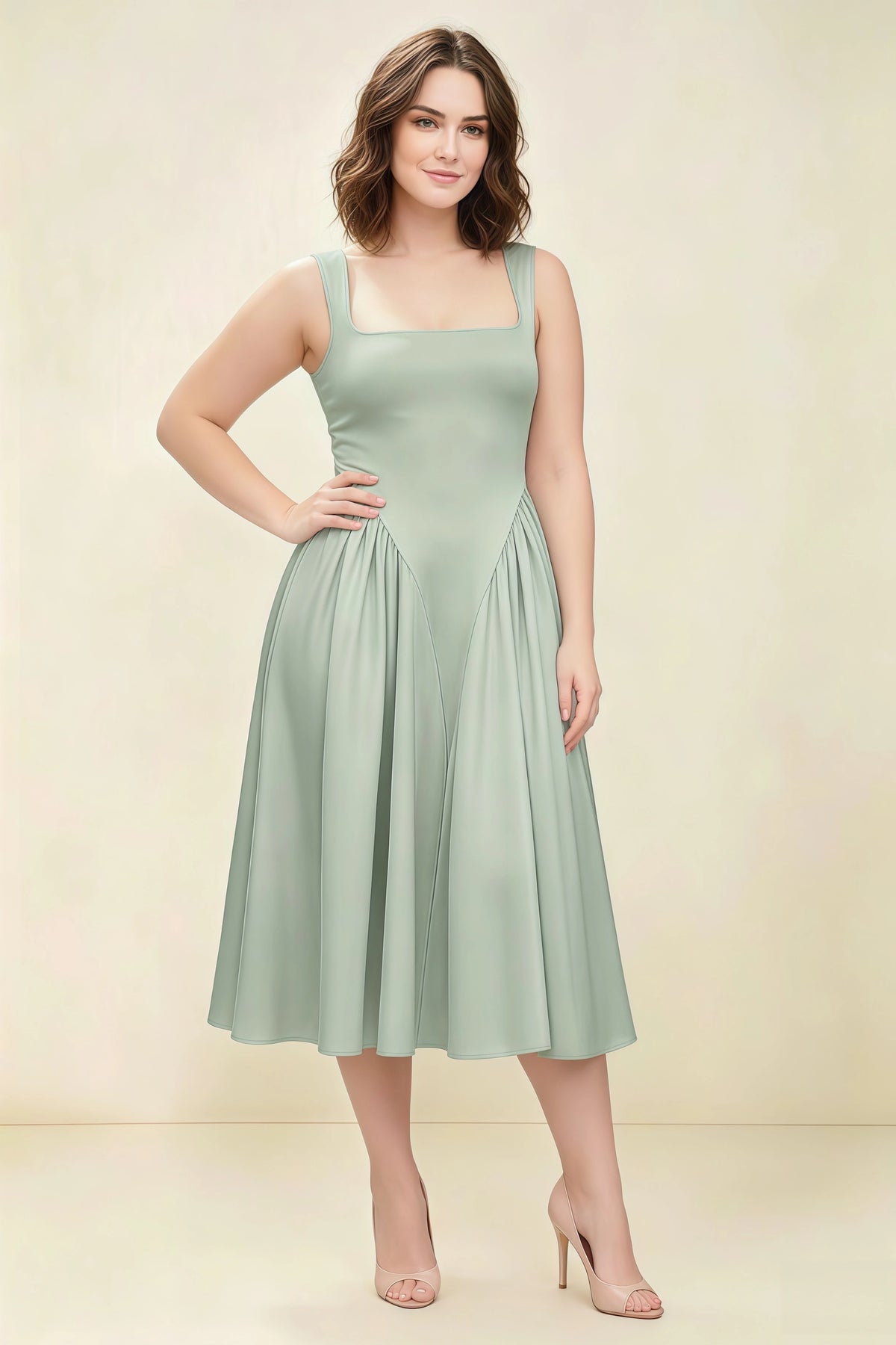 Anabelle Sage Green Sleeveless Square Neck Midi Dress
