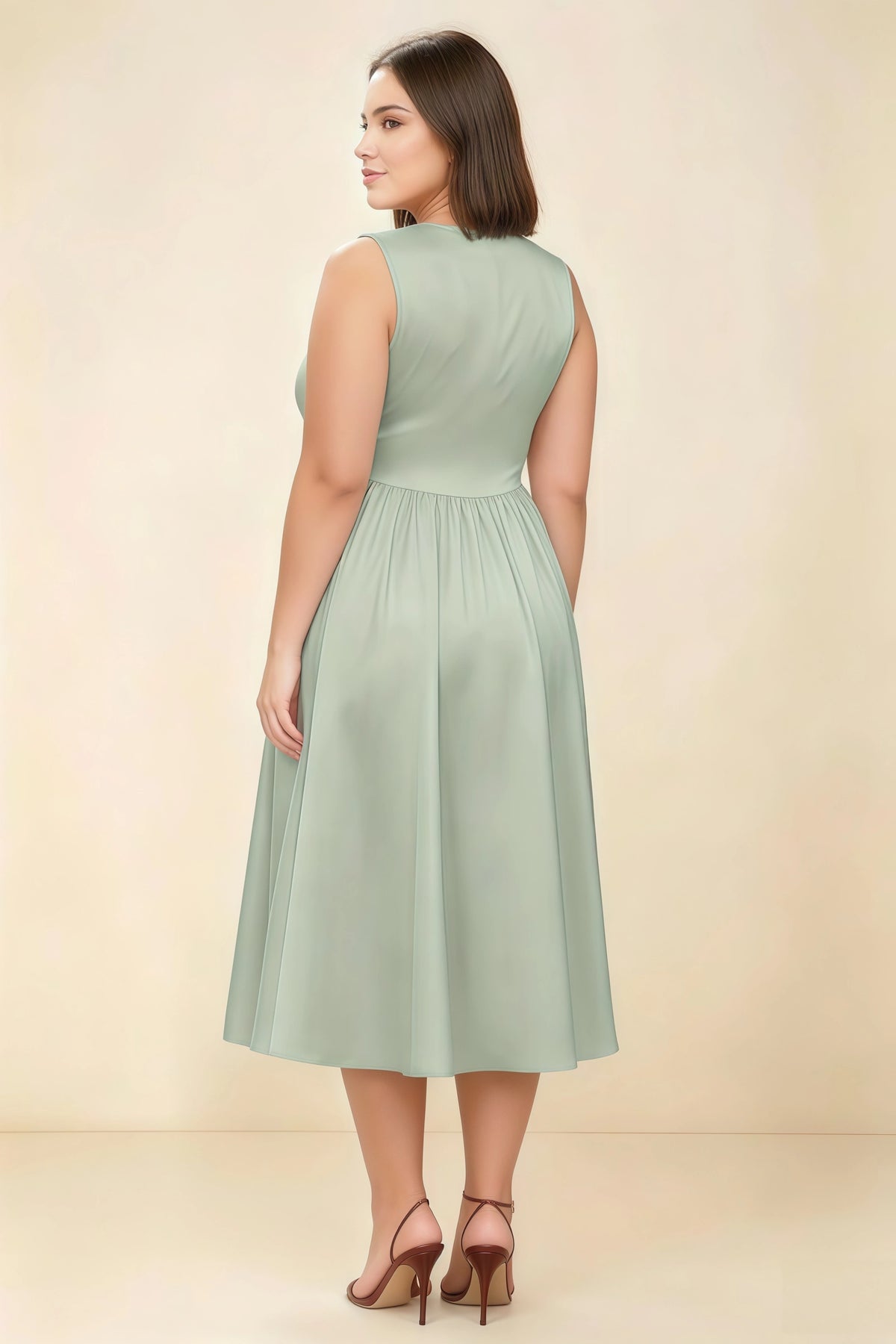 Anabelle Sage Green Sleeveless Square Neck Midi Dress