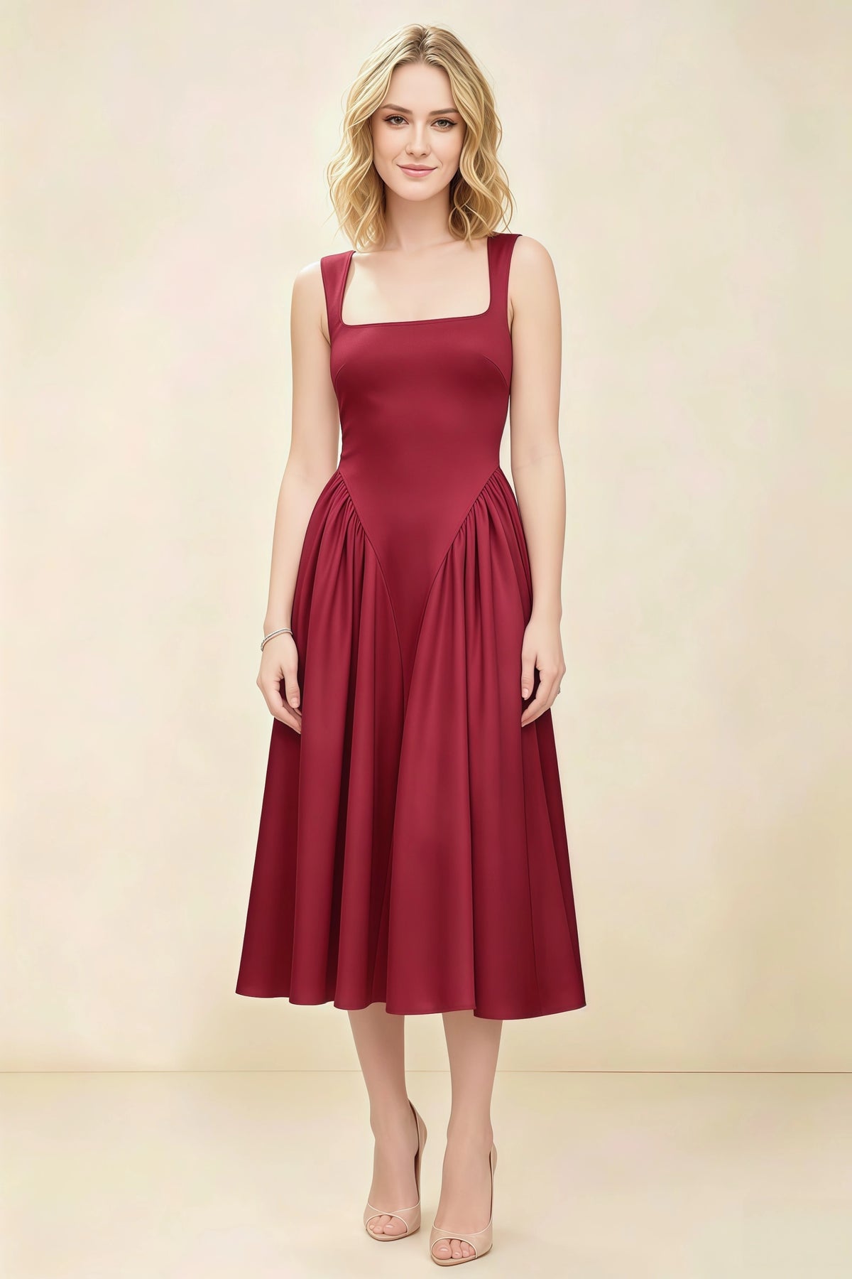 Anabelle Scarlet Sleeveless Square Neck Midi Dress