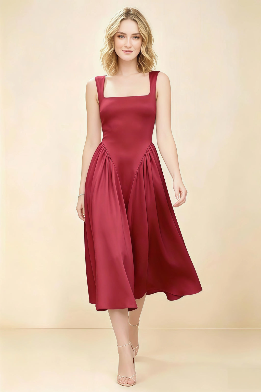 Anabelle Scarlet Sleeveless Square Neck Midi Dress