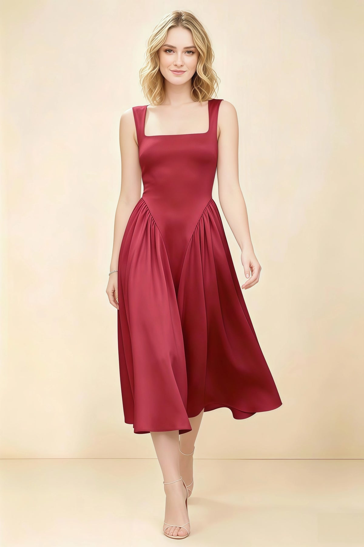 Anabelle Scarlet Sleeveless Square Neck Midi Dress