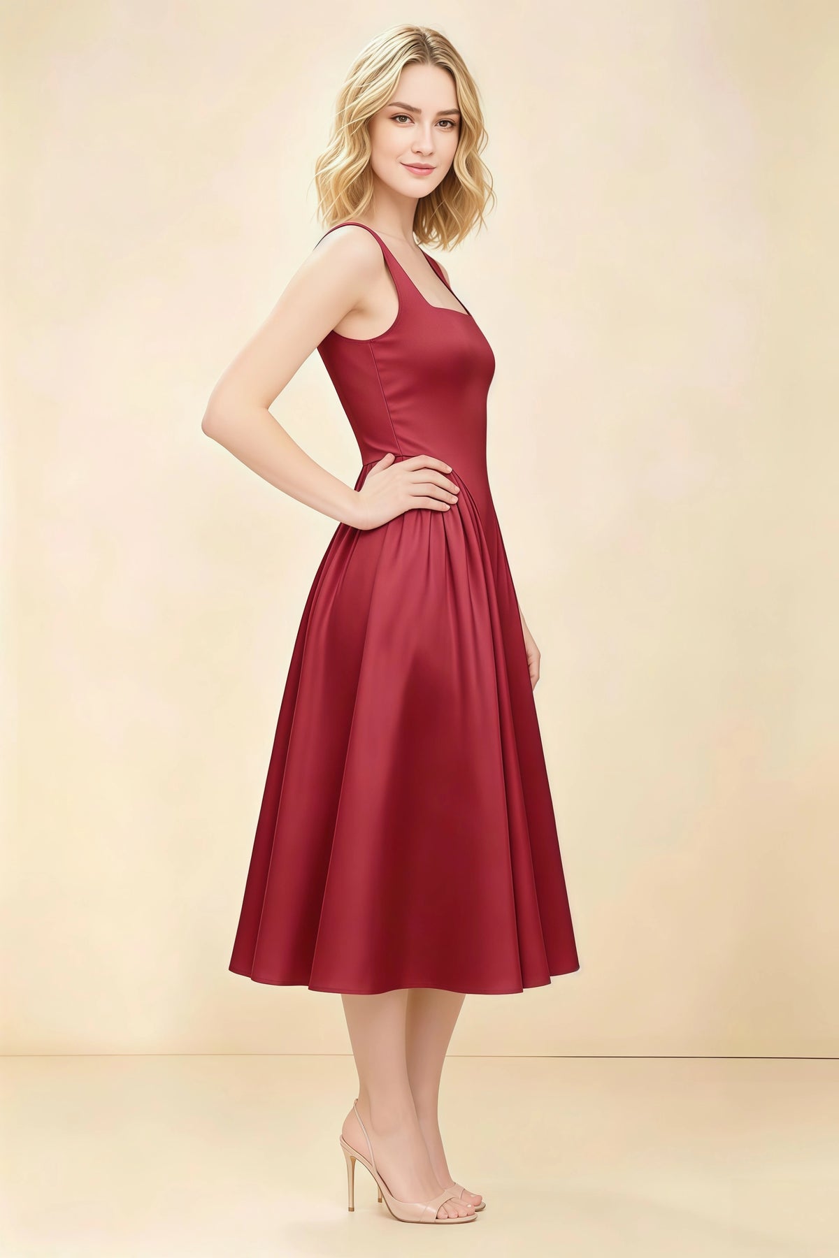 Anabelle Scarlet Sleeveless Square Neck Midi Dress