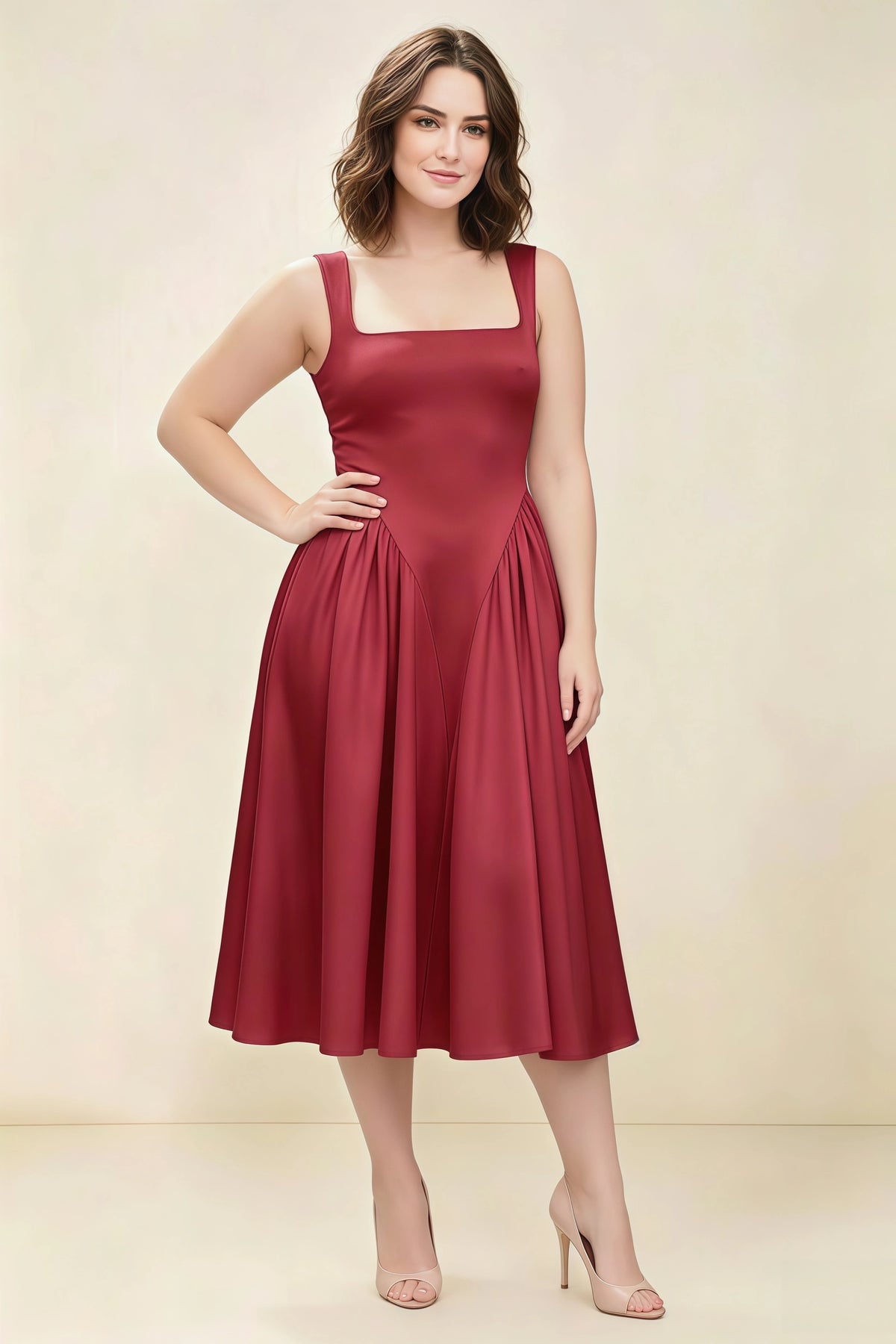 Anabelle Scarlet Sleeveless Square Neck Midi Dress