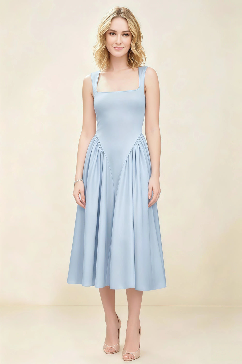 Translation missing: en.Front view of the LVLVS Anabelle sky blue midi dress, showing the square neckline, wide shoulder straps and flared skirt. content.product_image_main