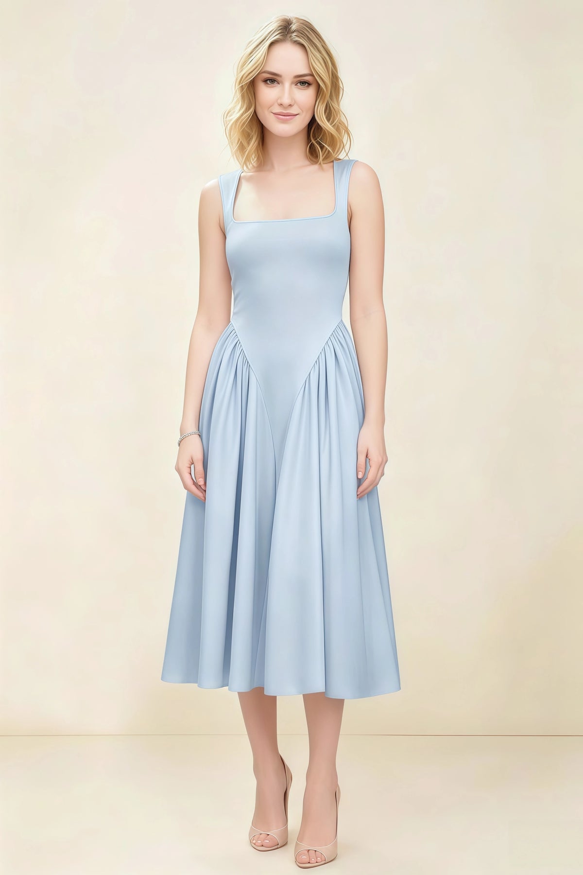 Anabelle Sky Blue Sleeveless Square Neck Midi Dress