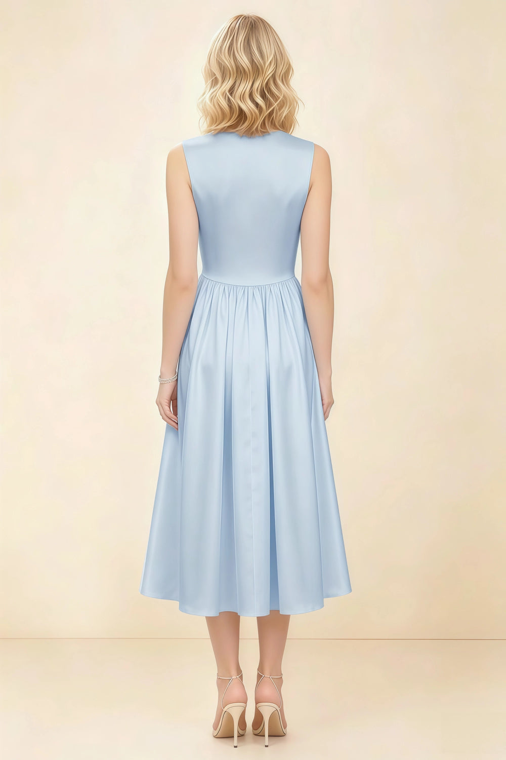 Translation missing: en.Back view of the LVLVS Anabelle sky blue midi dress, showing the covered back, fitted waist and gathered midi skirt. content.product_image_secondary
