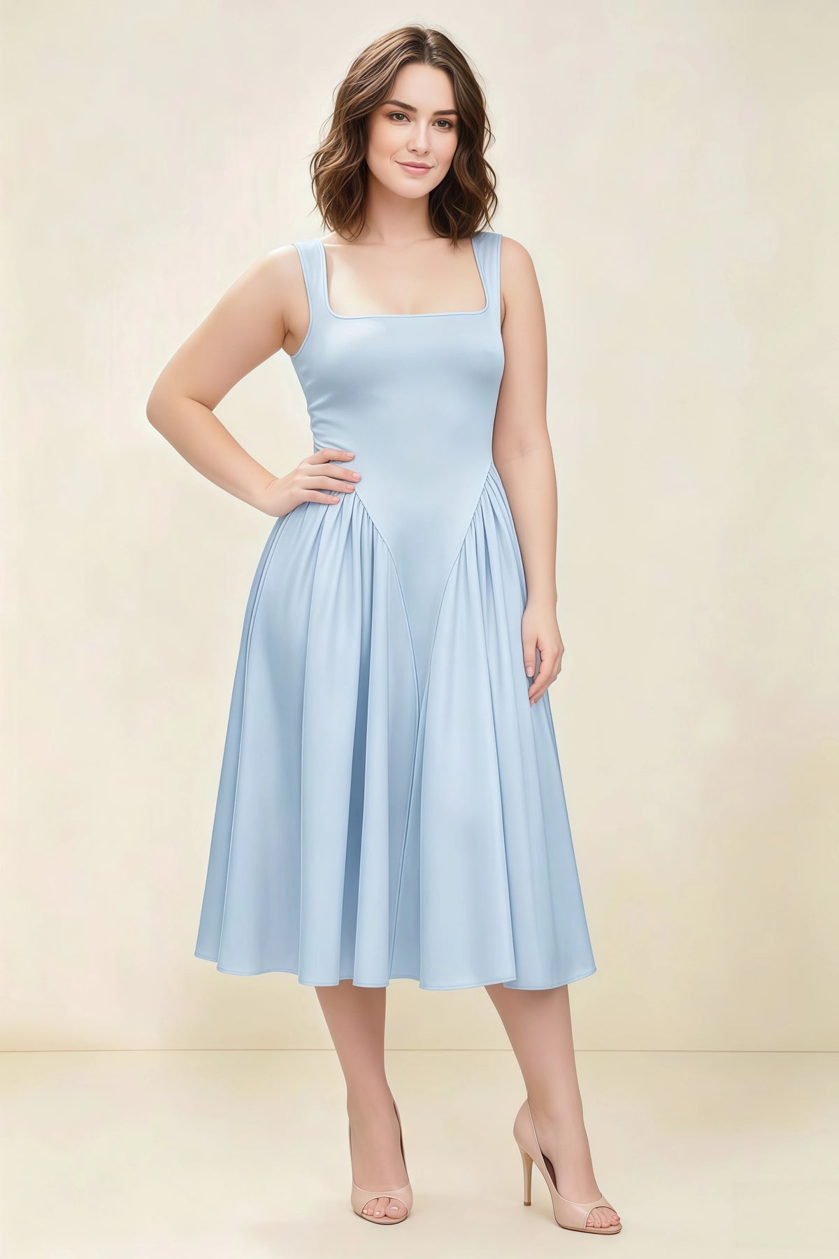 Anabelle Sky Blue Sleeveless Square Neck Midi Dress