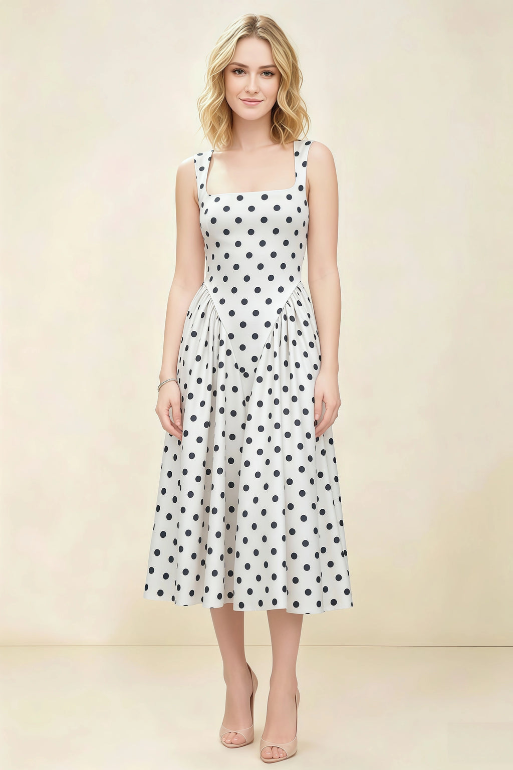 Anabelle White Polka Dot Sleeveless Square Neck Midi Dress