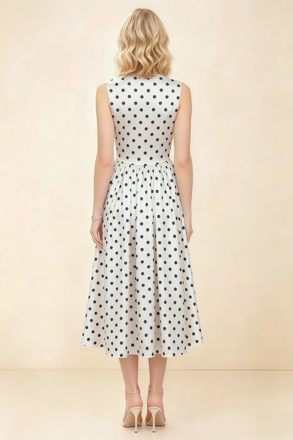 Anabelle White Polka Dot Sleeveless Square Neck Midi Dress