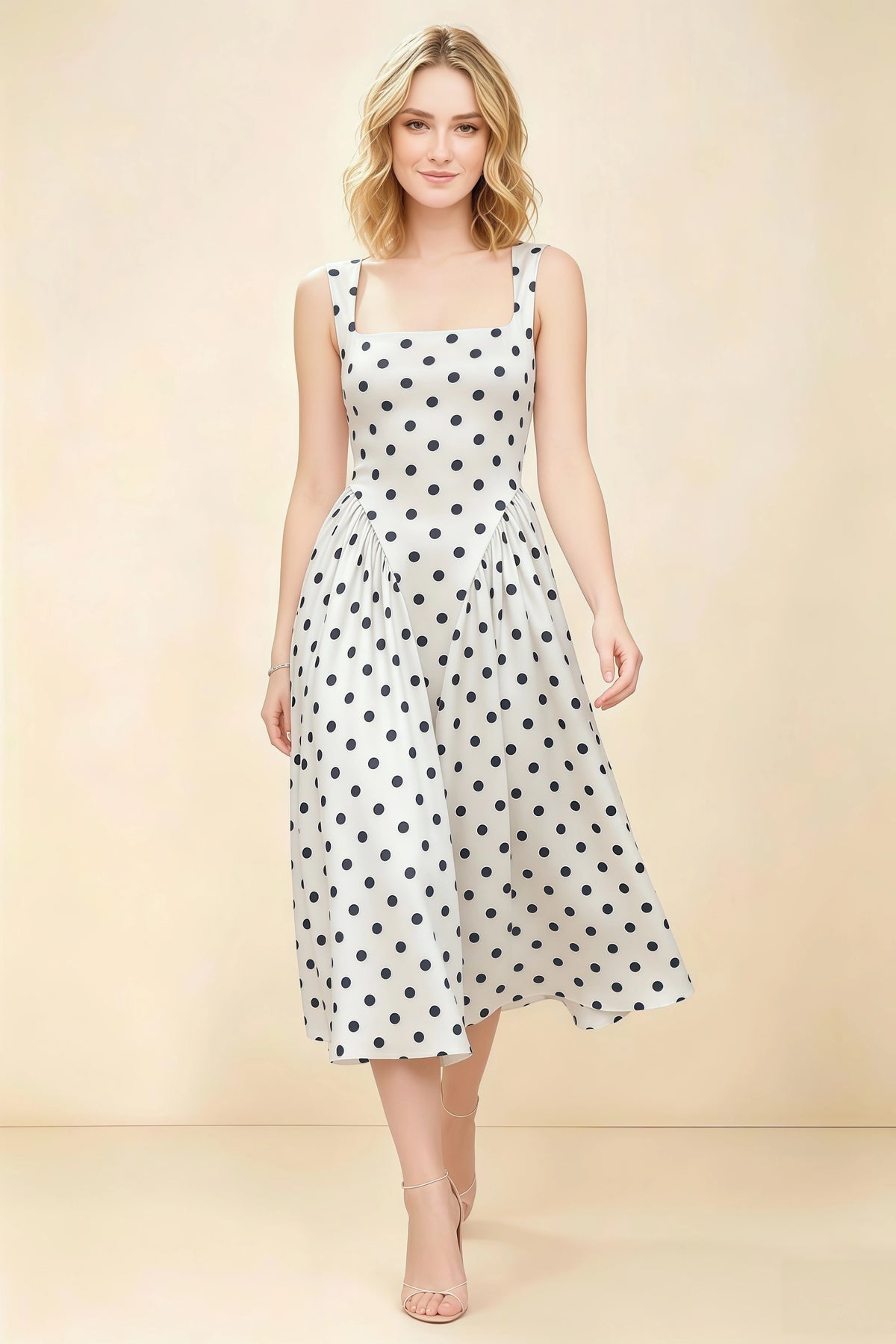 Anabelle White Polka Dot Sleeveless Square Neck Midi Dress