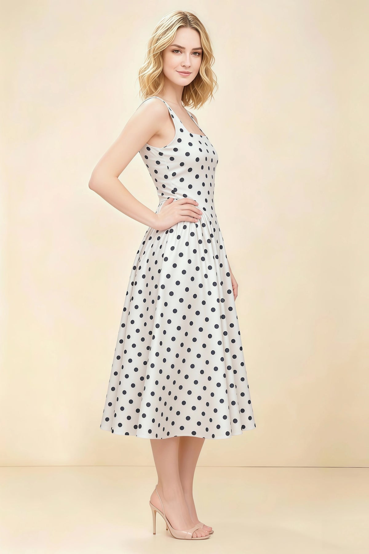 Anabelle White Polka Dot Sleeveless Square Neck Midi Dress