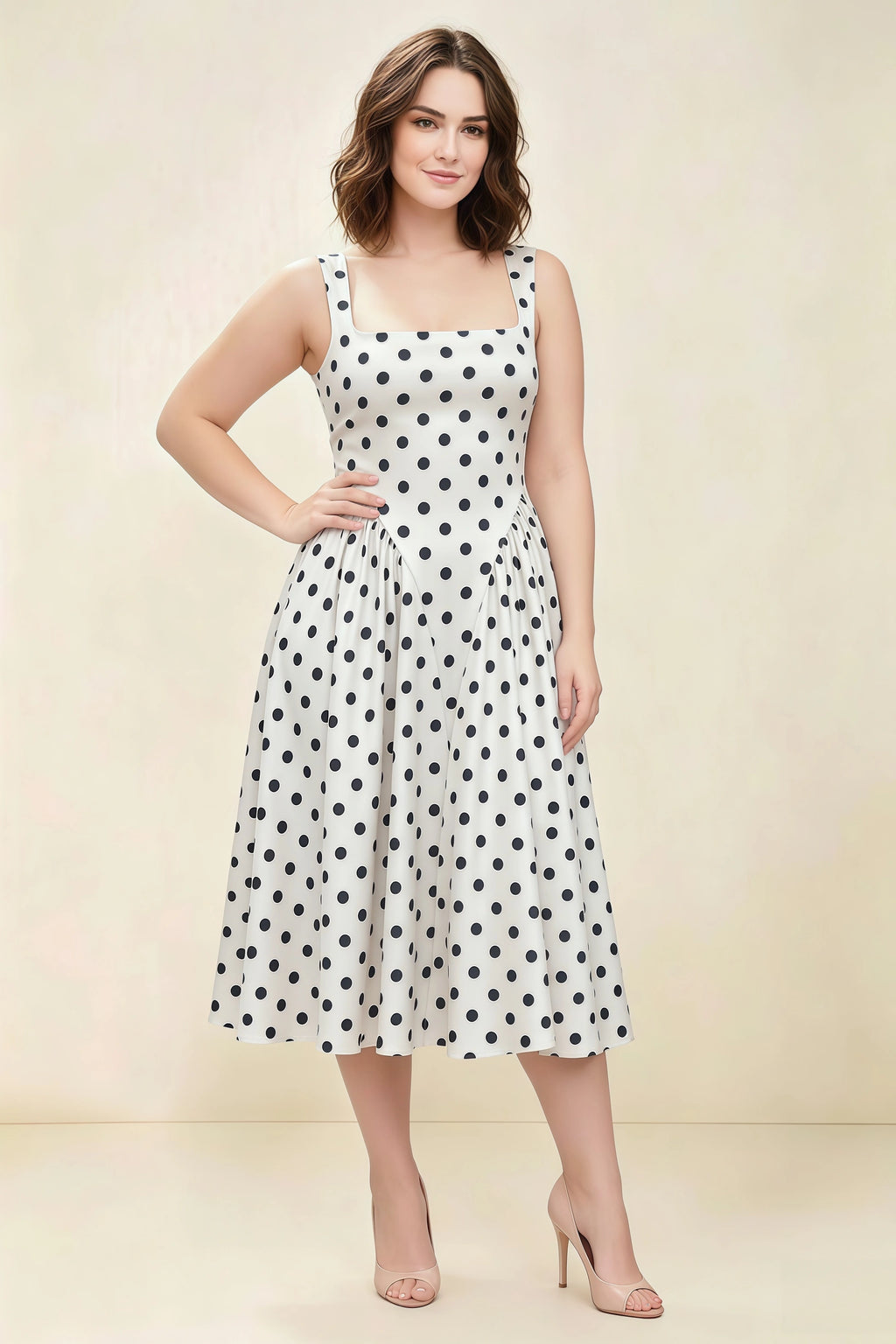 Anabelle White Polka Dot Sleeveless Square Neck Midi Dress