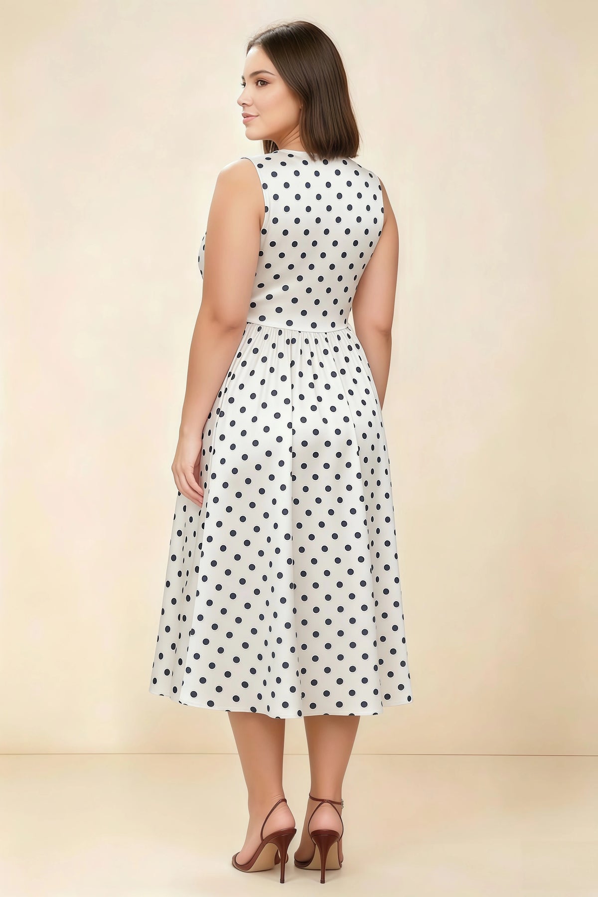 Anabelle White Polka Dot Sleeveless Square Neck Midi Dress