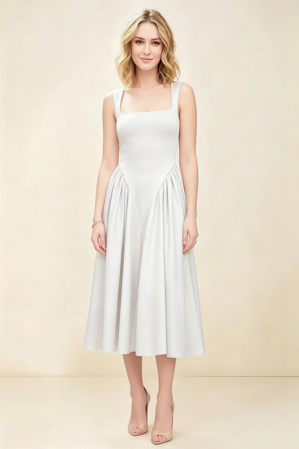 Anabelle White Sleeveless Square Neck Midi Dress