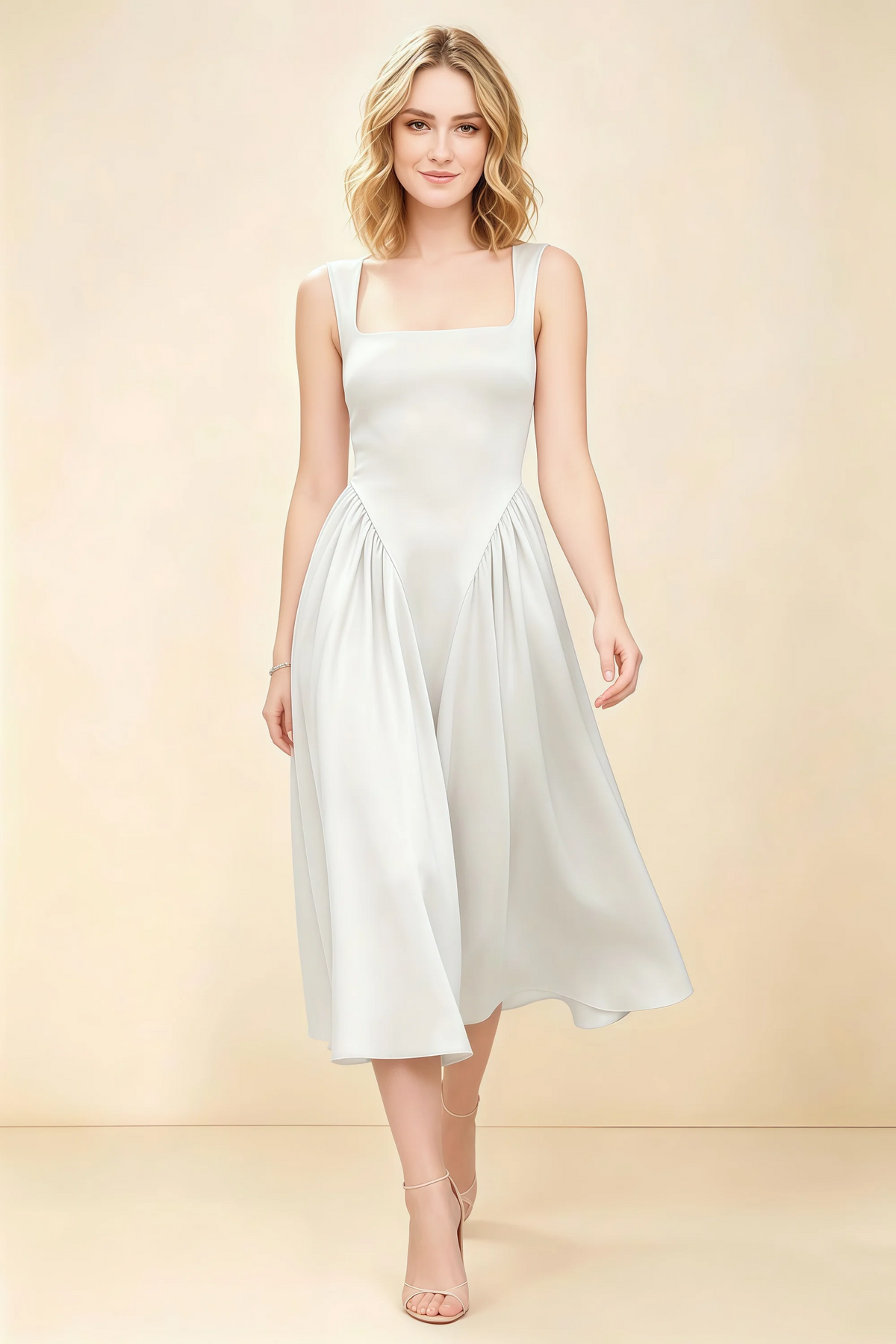 Anabelle White Sleeveless Square Neck Midi Dress