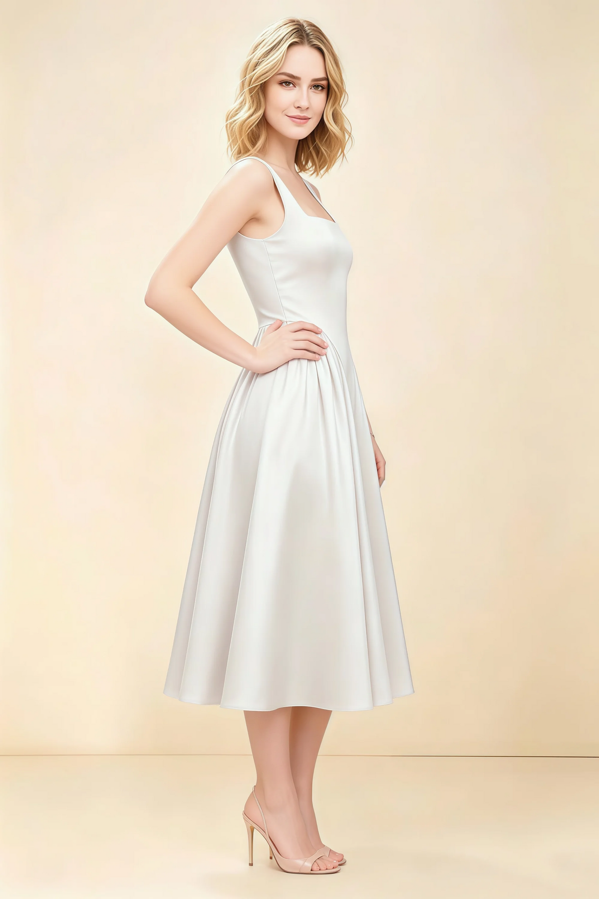 Anabelle White Sleeveless Square Neck Midi Dress