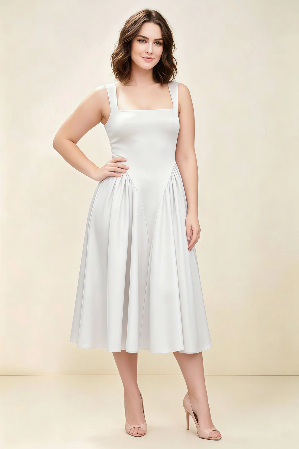 Anabelle White Sleeveless Square Neck Midi Dress