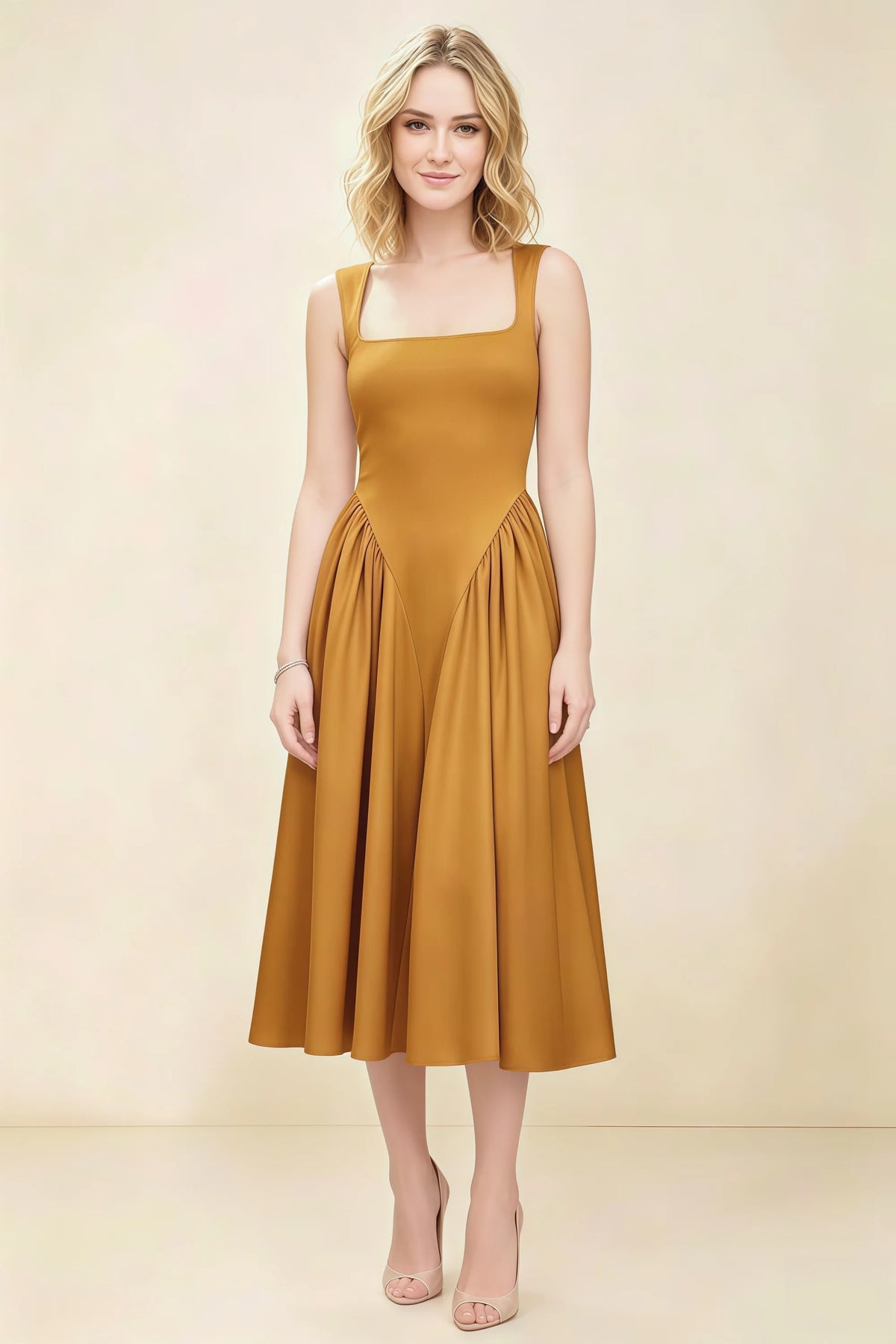 Anabelle Yellow Sleeveless Square Neck Midi Dress