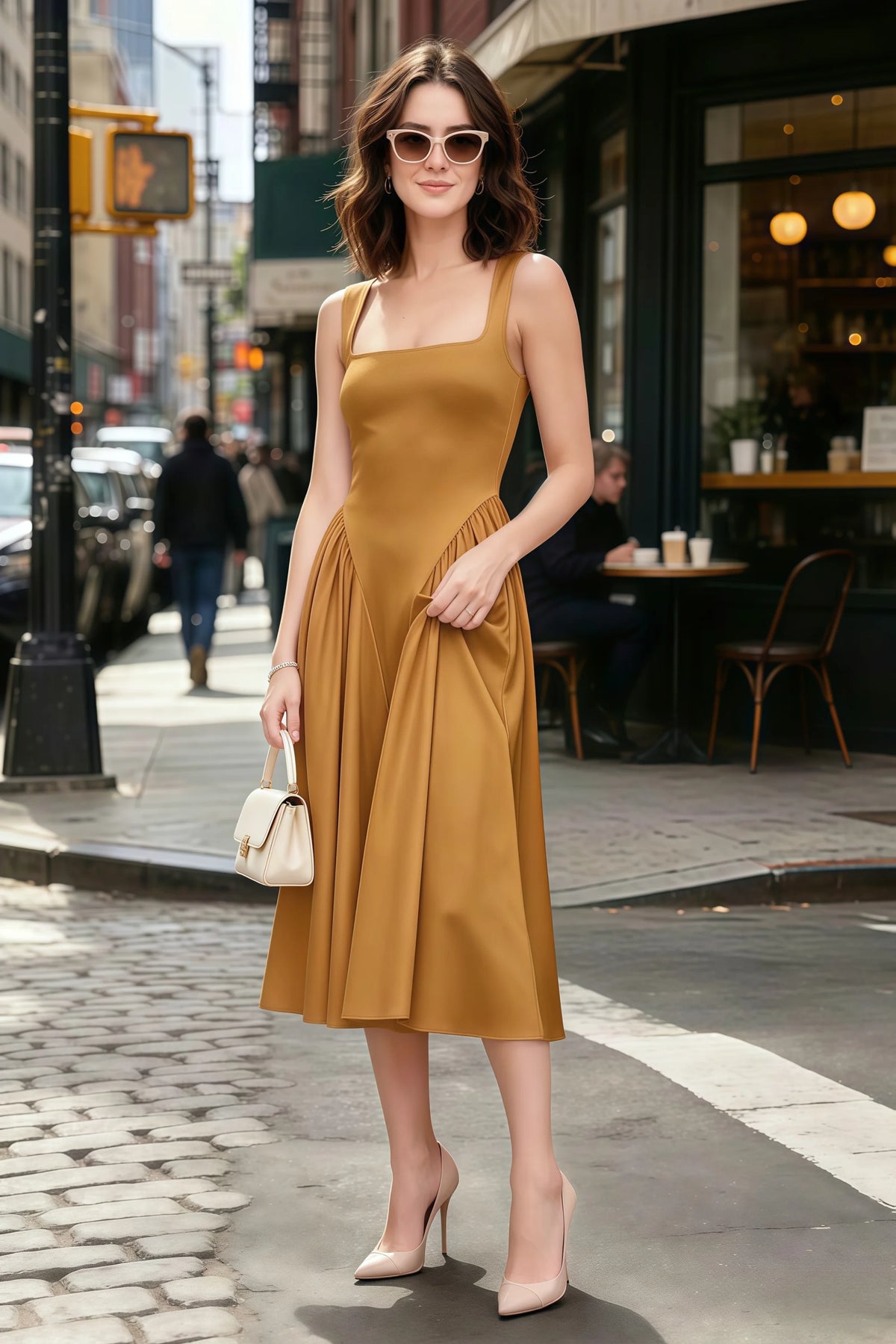 Anabelle Yellow Sleeveless Square Neck Midi Dress